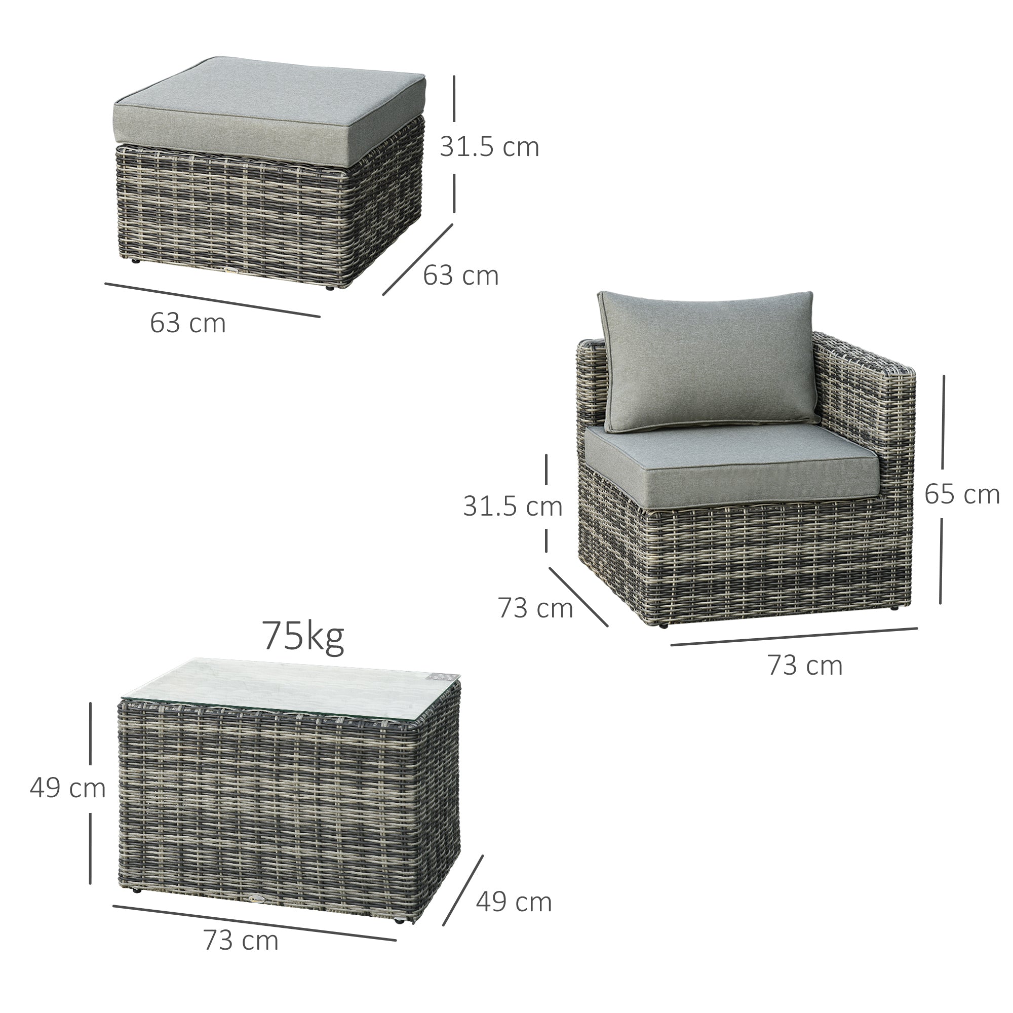 Outsunny Five Piece Rattan Armchair, Stool and Table Set - Mixed Grey - North Peak Garden Furniture
