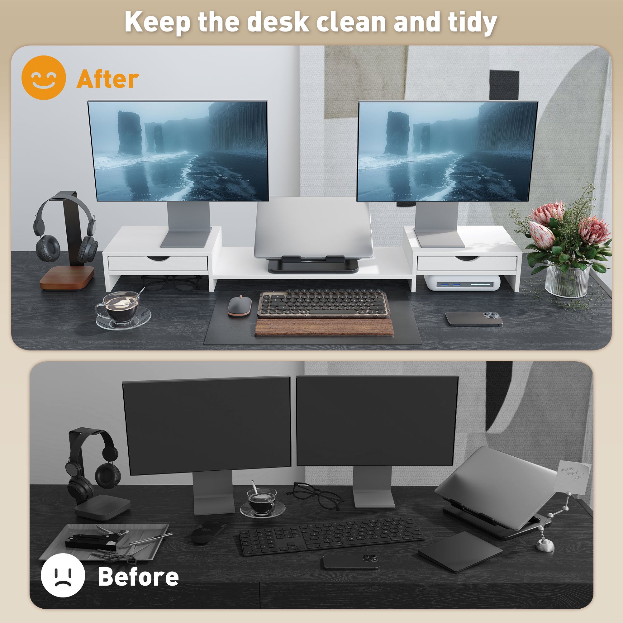 HOMCOM Dual Monitor Stand Riser with 2 Drawers, Adjustable Length and Angle, 116cm Monitor Riser for Laptop, Computer, PC, Small Printer, White - North Peak Garden Furniture
