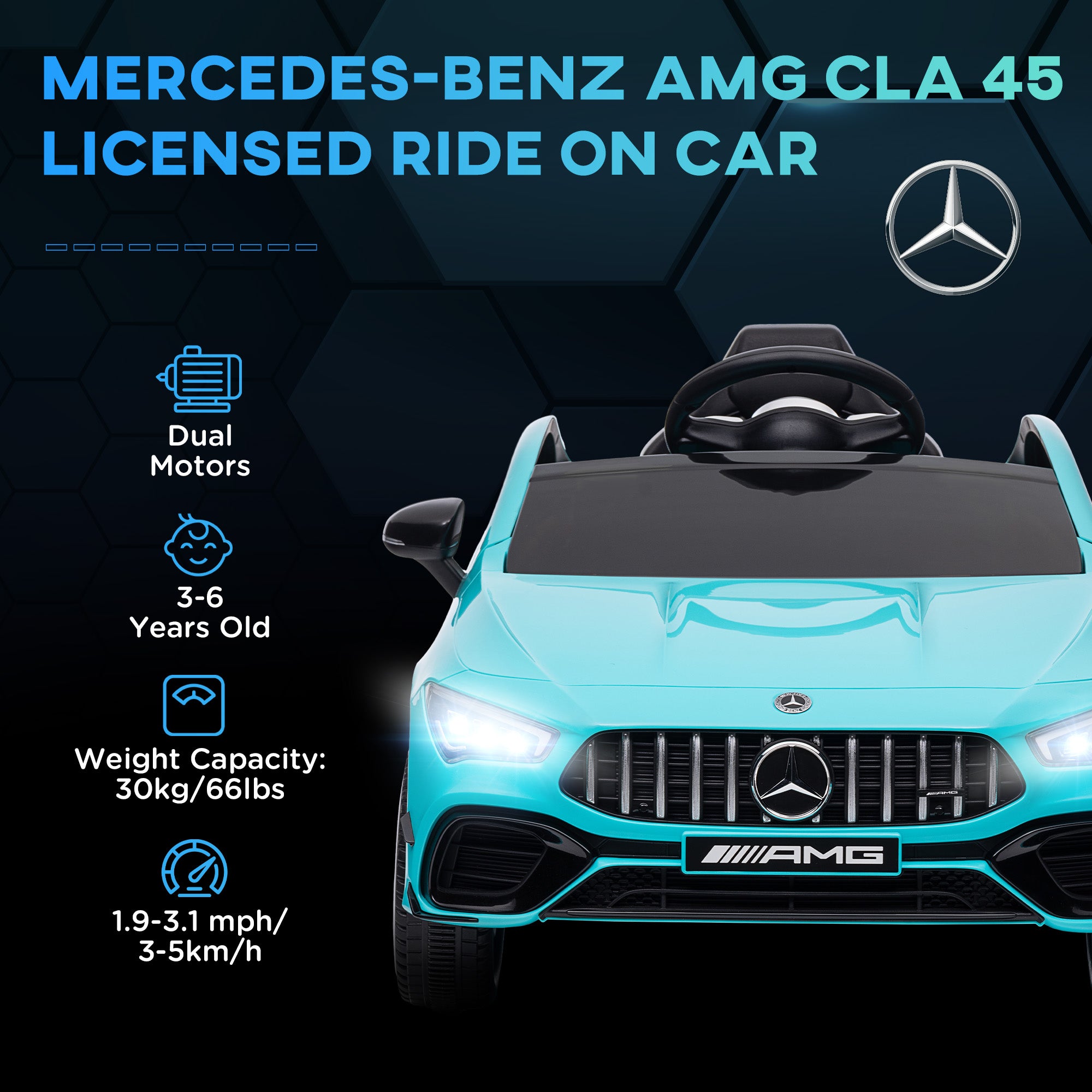 AIYAPLAY Mercedes-AMG CLA 45 Licensed 12V Kids Electric Car Ride on Car w/ Remote, Suspension Lights Music Horn - Light Blue - North Peak Garden Furniture