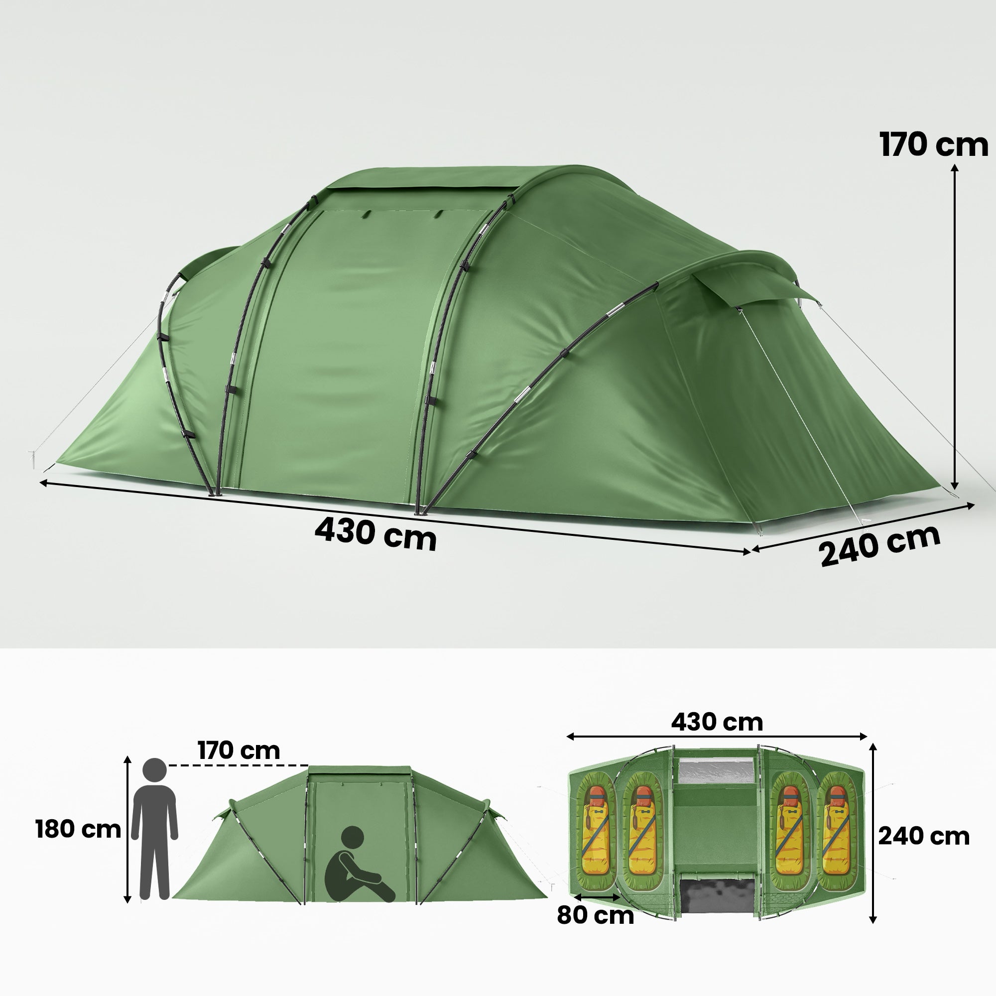 Outsunny 4-6 Man Camping Tent w/ Two Bedroom, Hiking Sun Shelter, UV Protection Tunnel Tent, Dark Green
