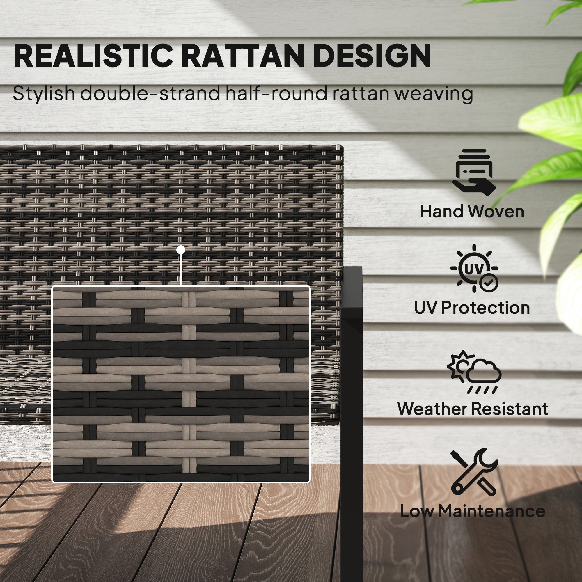 Outsunny 2 Seater Rattan Garden Bench, Outdoor Bench with Quick-Drying Cotton Padding, Wicker Garden Loveseat with Armrests, Steel Frame for Patio, Park, Mixed Grey - North Peak Garden Furniture