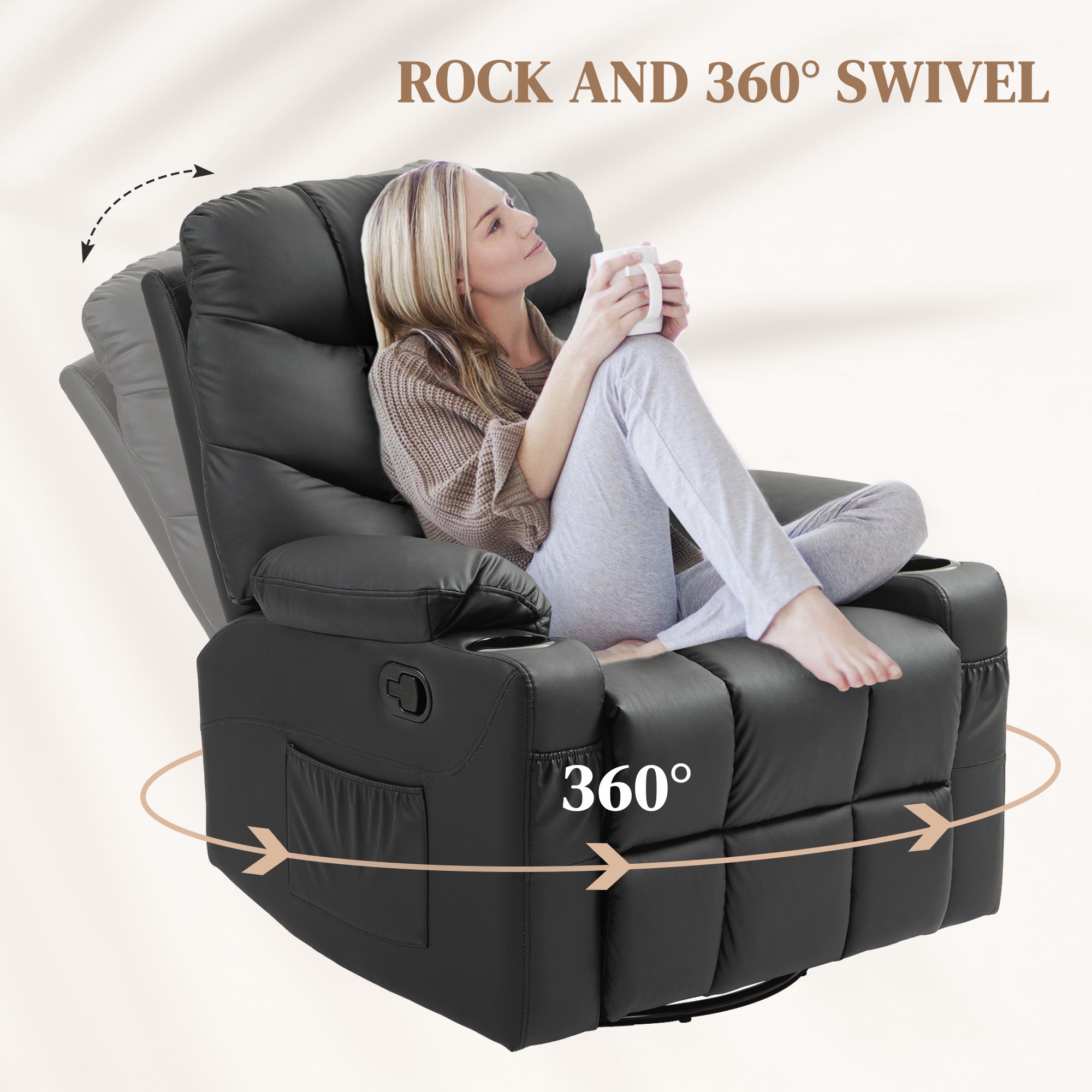 HOMCOM Manual Reclining Chair, Recliner Armchair with Swivel, Faux Leather, Footrest, Cup Holders, 86x93x102cm, Black - North Peak Garden Furniture