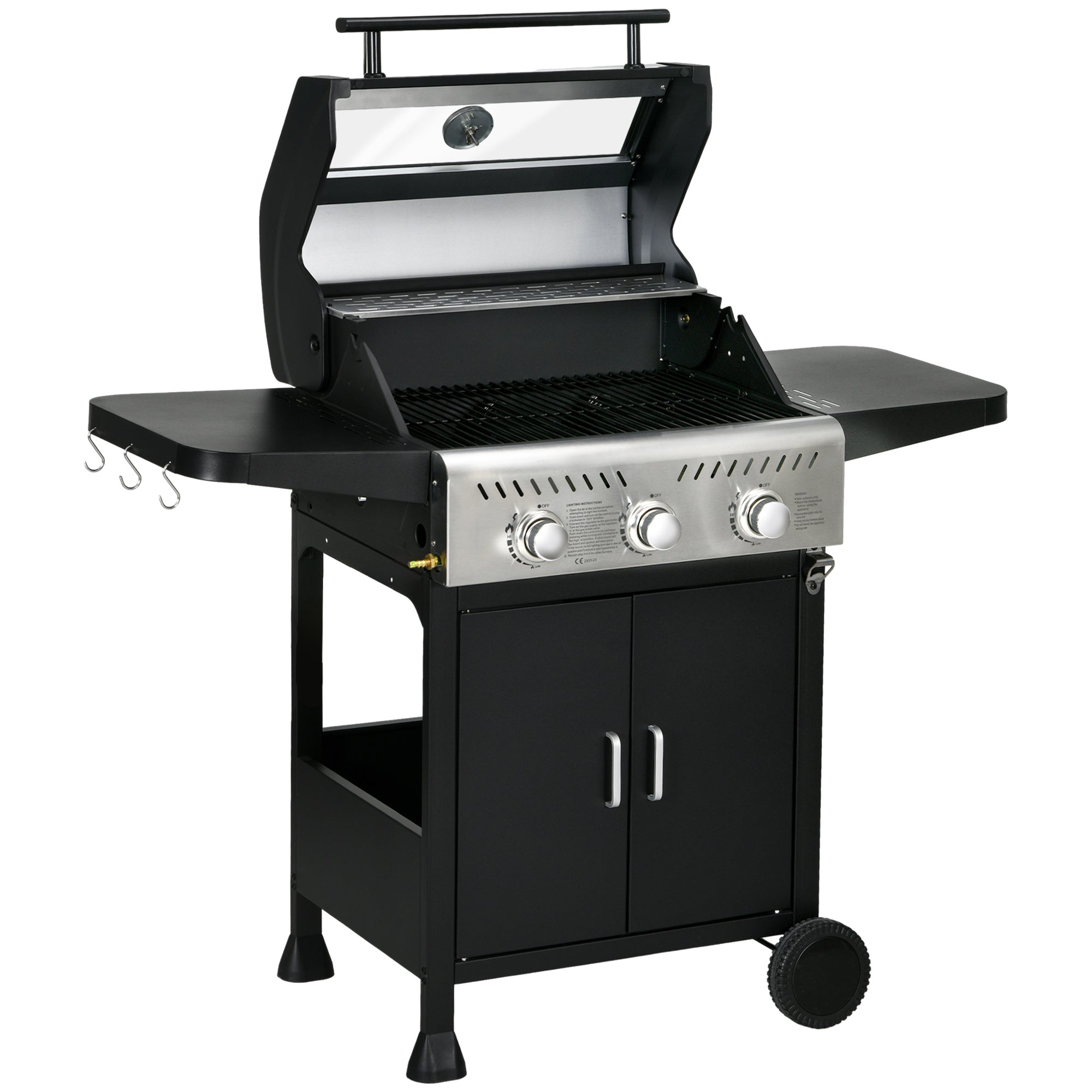 Outsunny 9kW Three-Burner Gas BBQ Grill, with See-Through Lid - Black