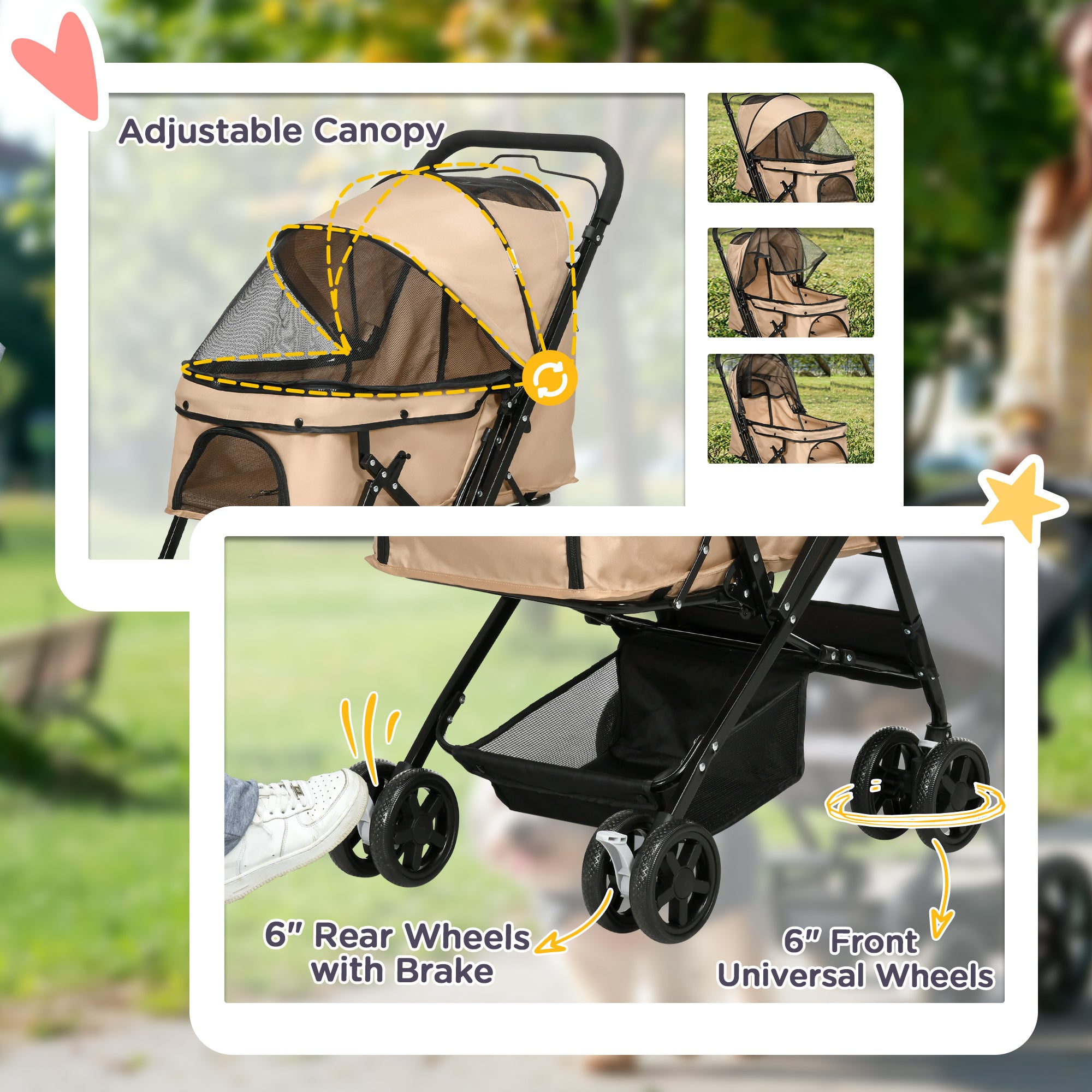 PawHut Pet Stroller Pushchair Foldable Travel Dog Cat Carriage w/ Reversible Handle Brake Basket - North Peak Garden Furniture