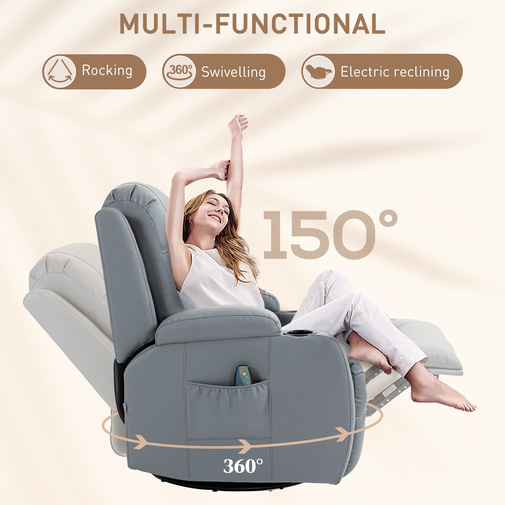 HOMCOM Massage Recliner Chair with 8 Vibration & Heat, PU Leather Recliner Armchair with Cup Holders and Side Pockets, Manual Reclining Chair with Remote, 360° Swivel, Rocking, Light Grey - North Peak Garden Furniture