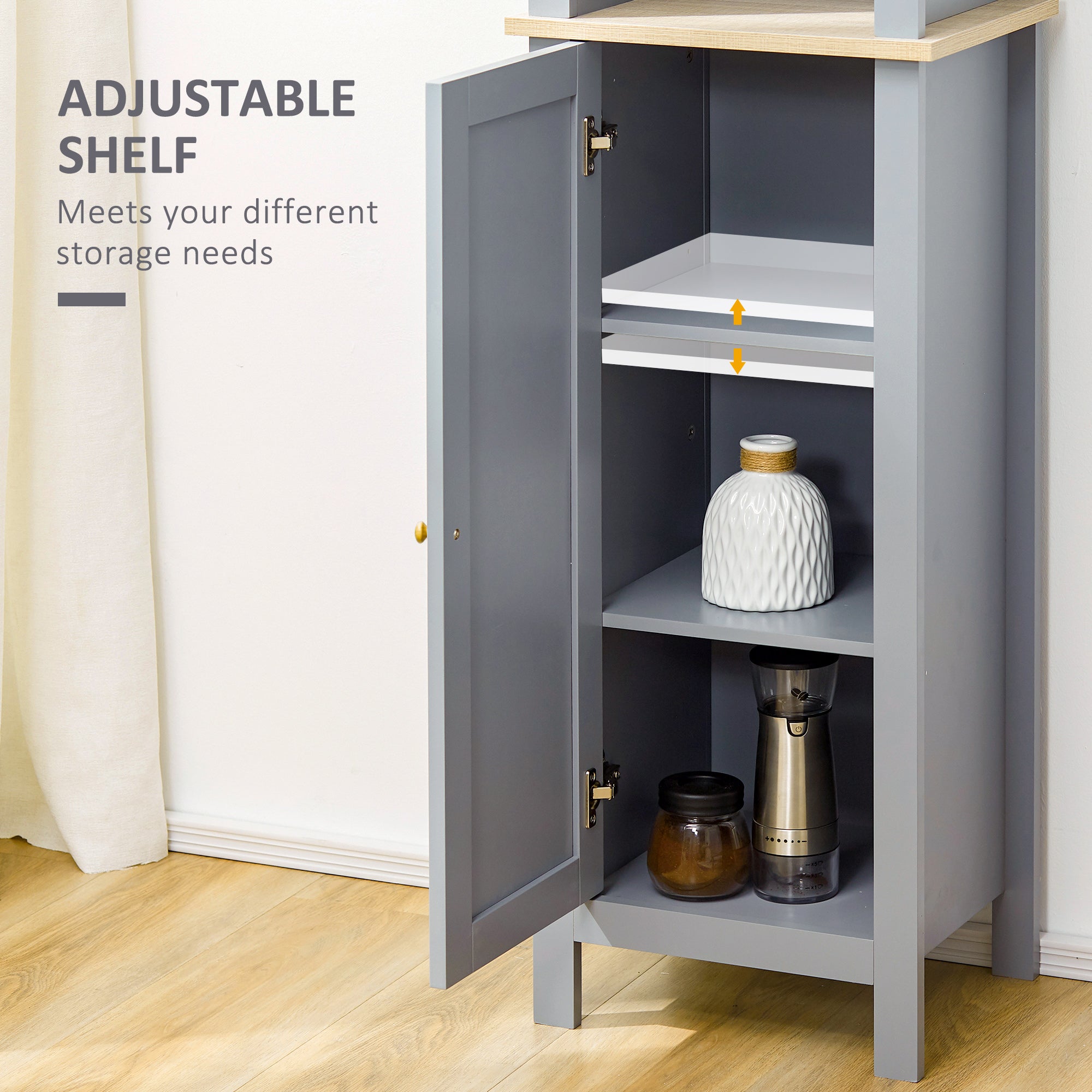 kleankin Bathroom Floor Storage Cabinet with 3 Tier Shelf and Cupboard with Door, Free Standing Linen Tower, Tall Slim Side Organizer Shelves, Grey - North Peak Garden Furniture