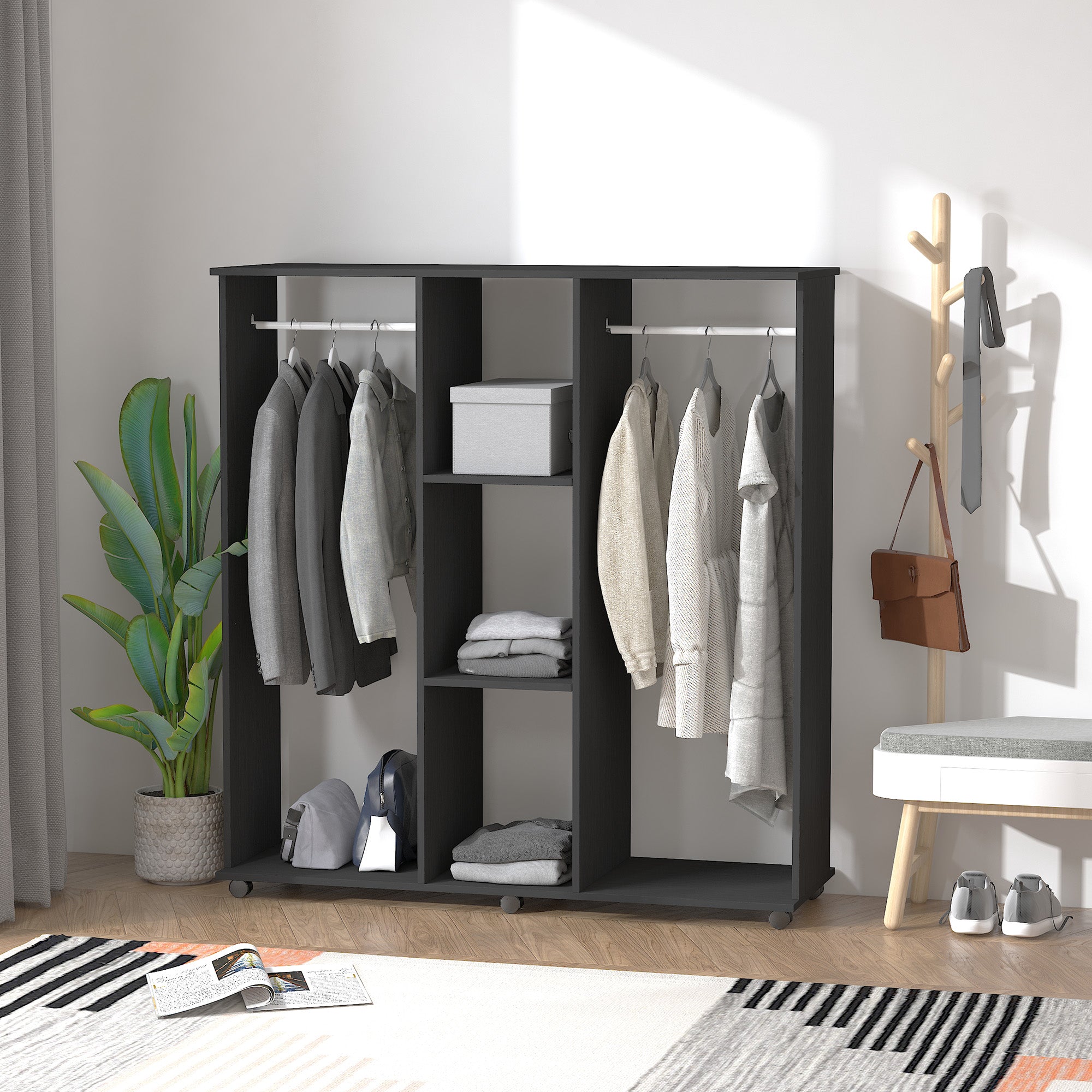 HOMCOM Double Open Wardrobe on Wheels, Bedroom Wardrobe with Clothes Hanging Rails, 3 Storage Shelves, Mobile Garment Rack for Cloakroom, Hallway, Black - North Peak Garden Furniture