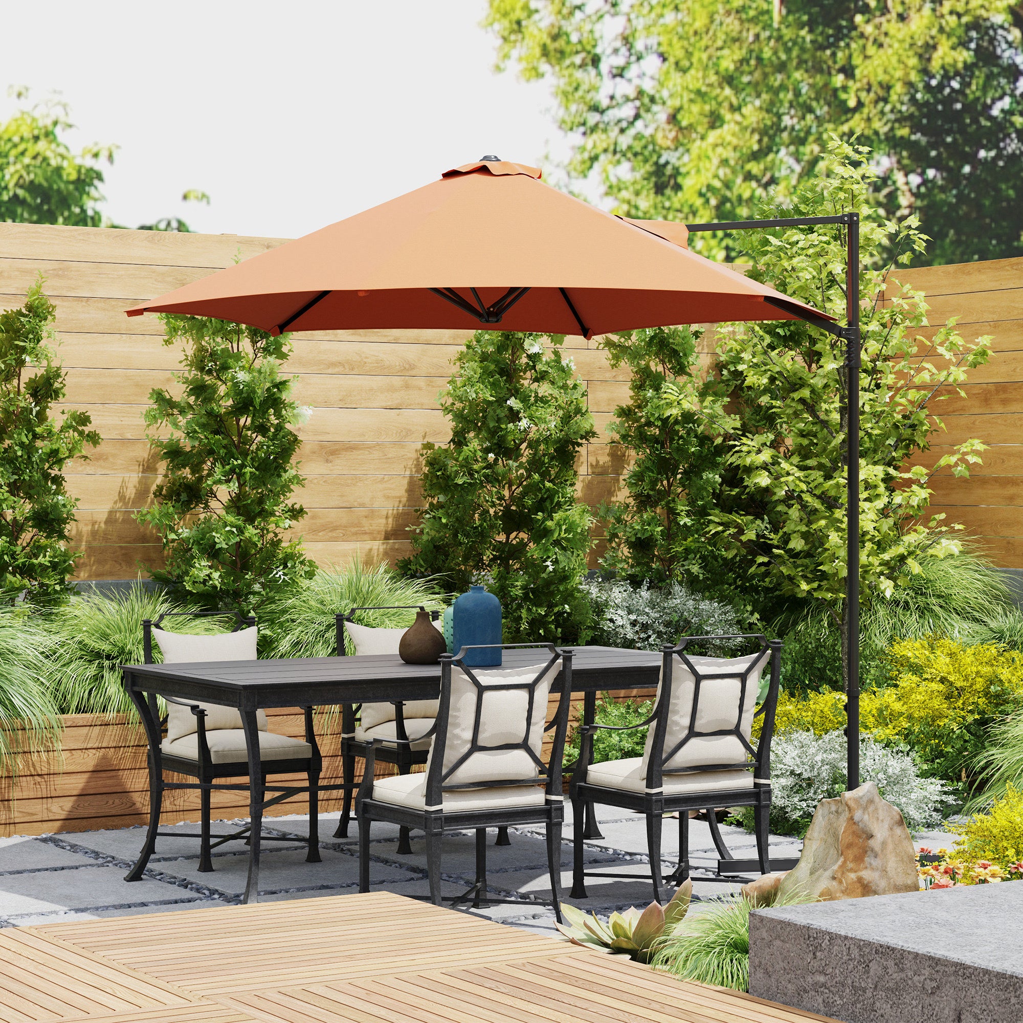 Outsunny 2.5M Garden Cantilever Parasol, Offset Roma Patio Umbrella Hanging Sun Shade Canopy Shelter with 360° Rotation and Cross Base, Orange - North Peak Garden Furniture