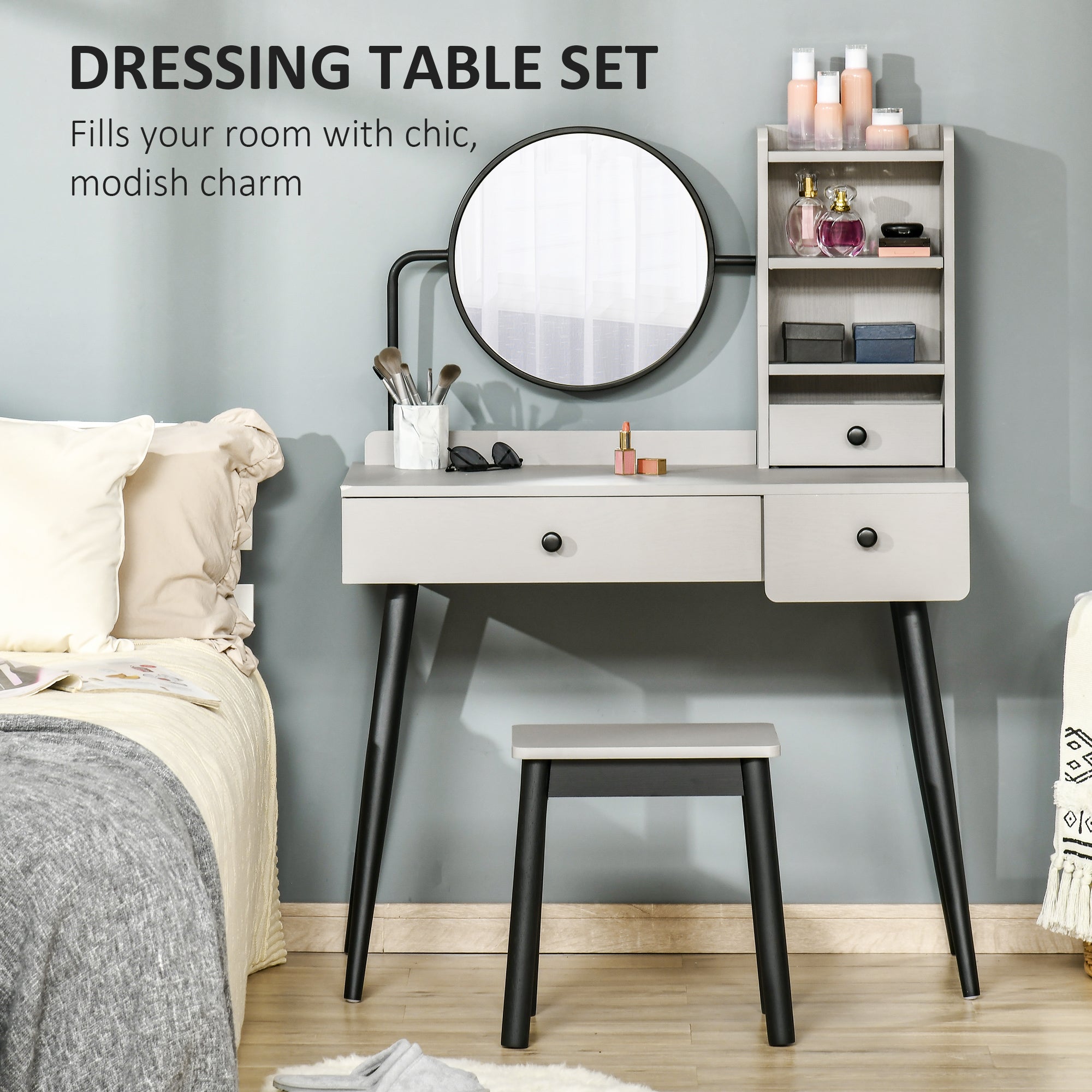 HOMCOM Dressing Table Set with Mirror and Stool, Vanity Makeup Table with 3 Drawers and Open Shelves for Bedroom, Living Room, Grey