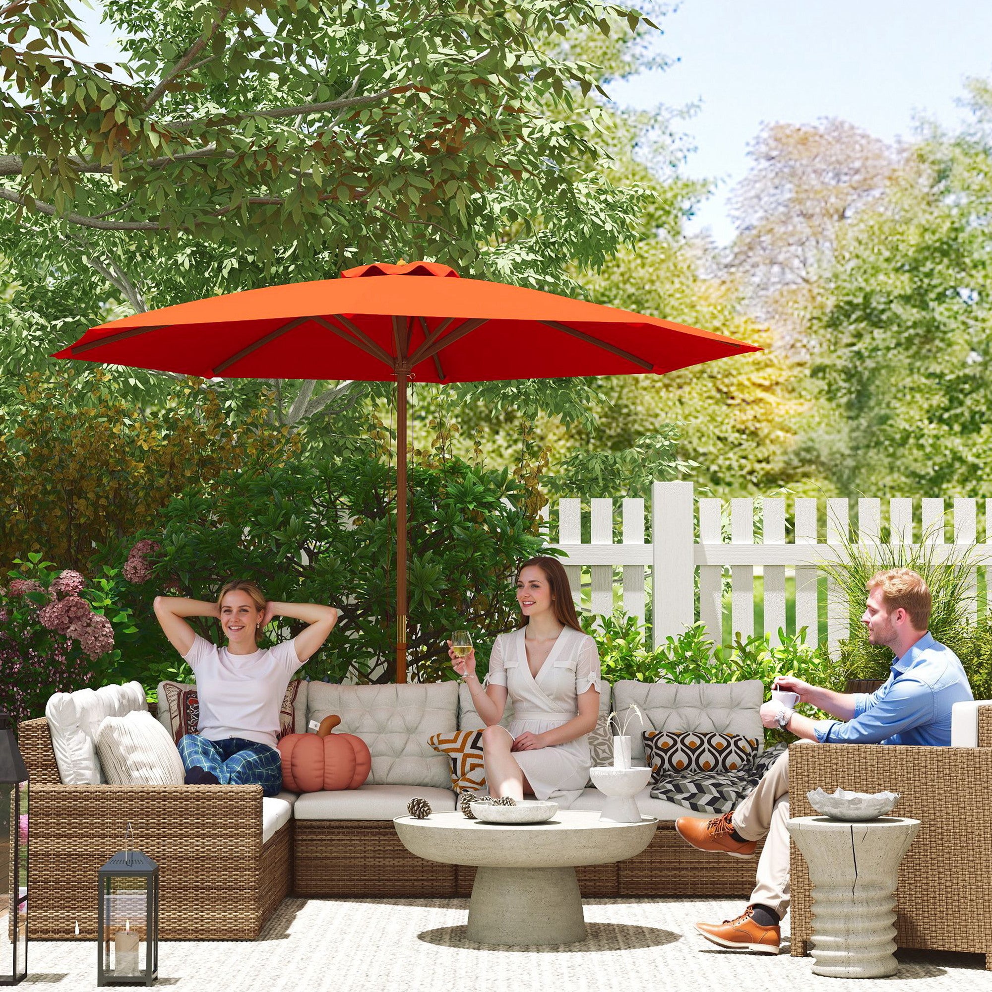 Outsunny 3m Wood Pole Parasol Umbrella - Orange - North Peak Garden Furniture