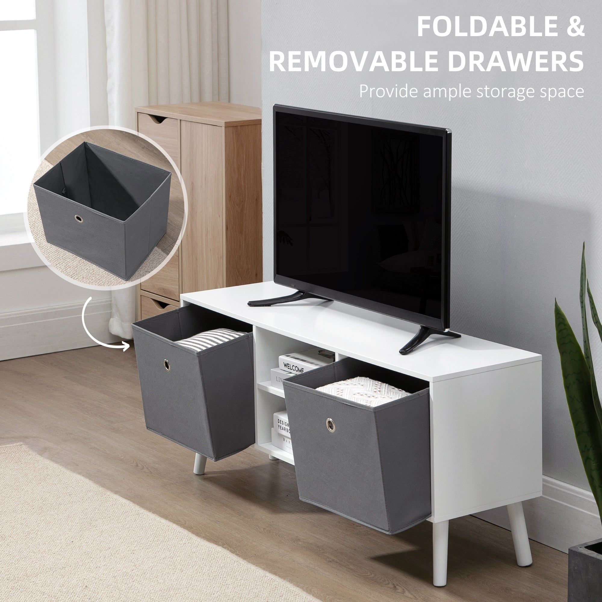 HOMCOM TV Cabinet Stand Unit for TVs up to 50'' with Foldable Drawers, Entertainment Centre for Living Room White - North Peak Garden Furniture