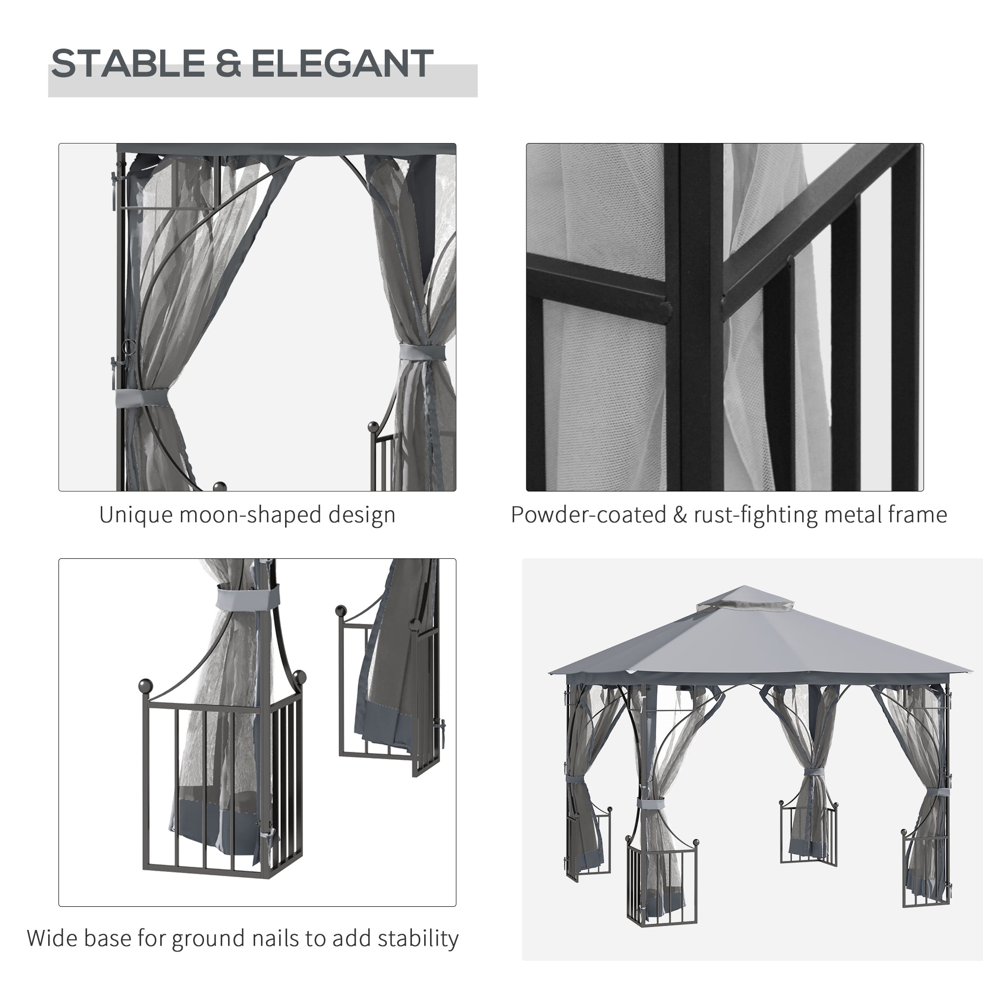 Outsunny 3 x 3(m) Garden Gazebo Patio Party Tent Shelter Outdoor Canopy Double Tier Sun Shade Metal Frame Netting Light Grey - North Peak Garden Furniture