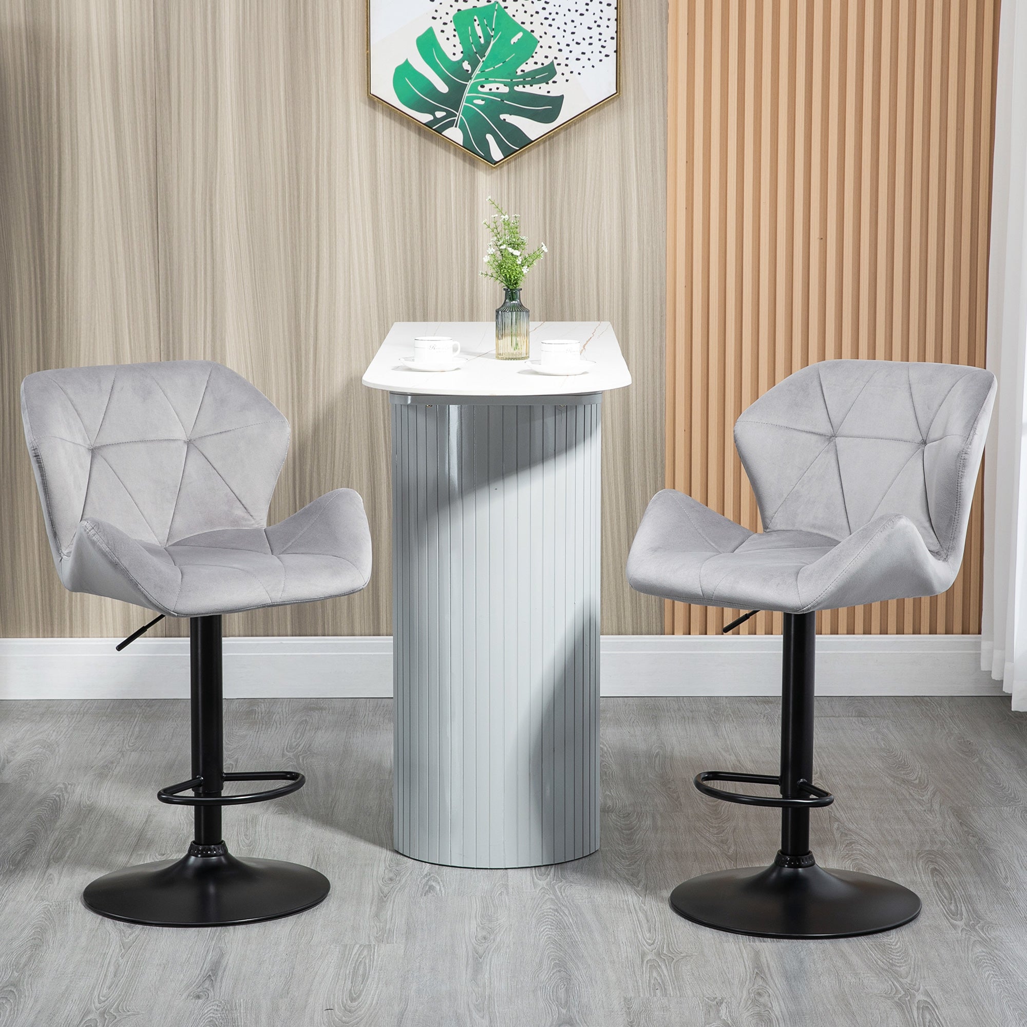 HOMCOM Bar Stools Set Of 2, Luxurious Velvet-Touch Barstools with Metal Frame Footrest Round Base Triangle Indenting Moulded Seat Adjustable Height Swivel Grey - North Peak Garden Furniture