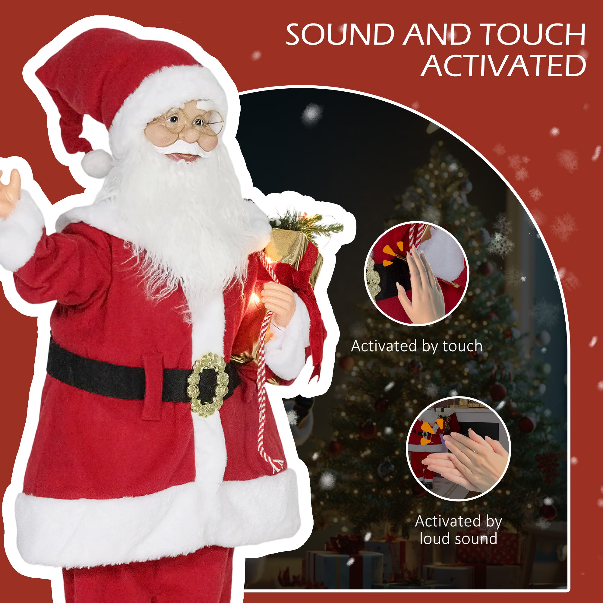 HOMCOM Life Size Santa Claus Christmas Decoration, Voice-Activated with Twinkling LED Lights, Red