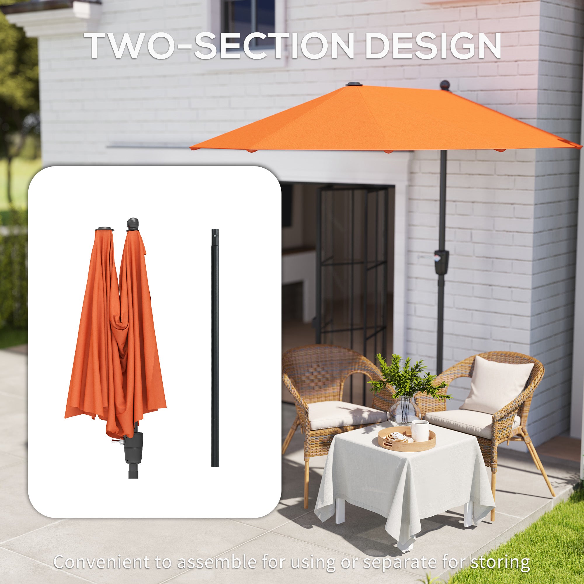 Outsunny 2m Half Parasol Market Umbrella Garden Balcony Parasol with Crank Handle, Cross Base, Double-Sided Canopy, Orange - North Peak Garden Furniture