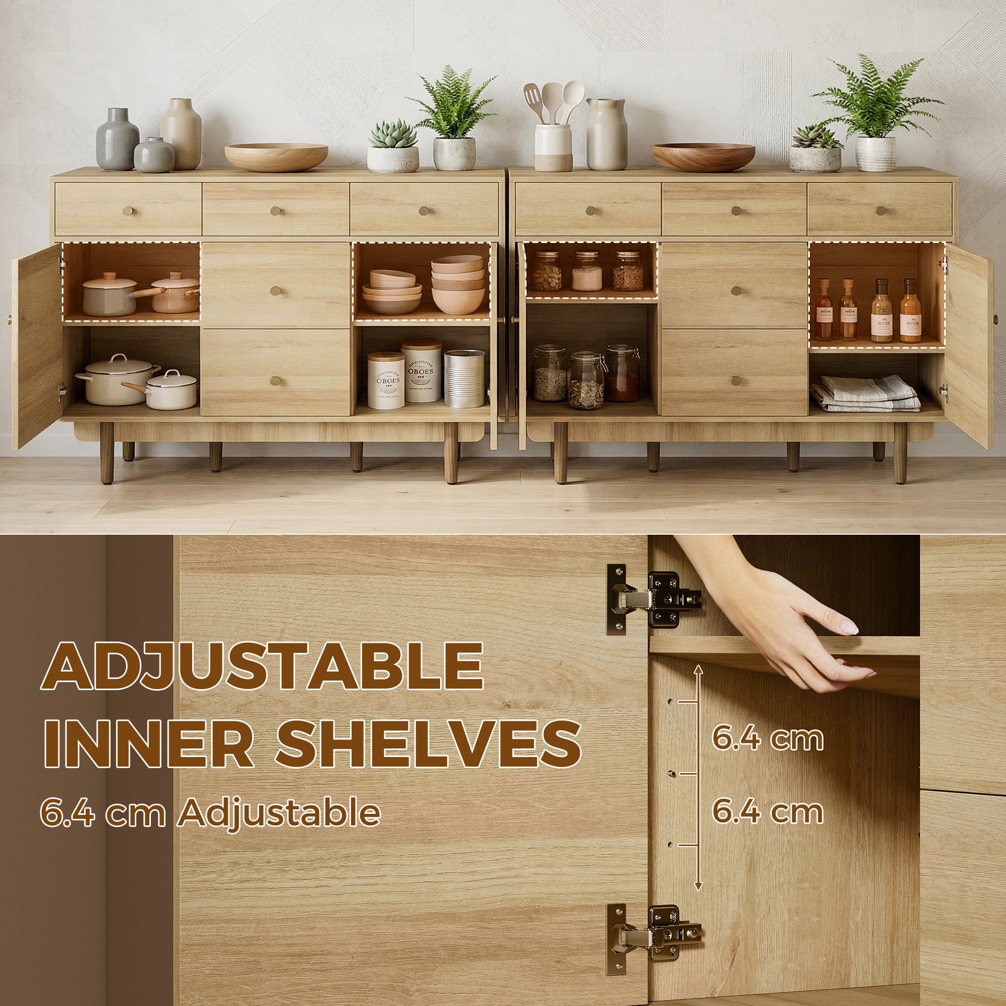 HOMCOM Sideboard with 5 Drawers and 2 Cabinets Buffet Cabinet with Solid Wood Legs 136 cm Walnut