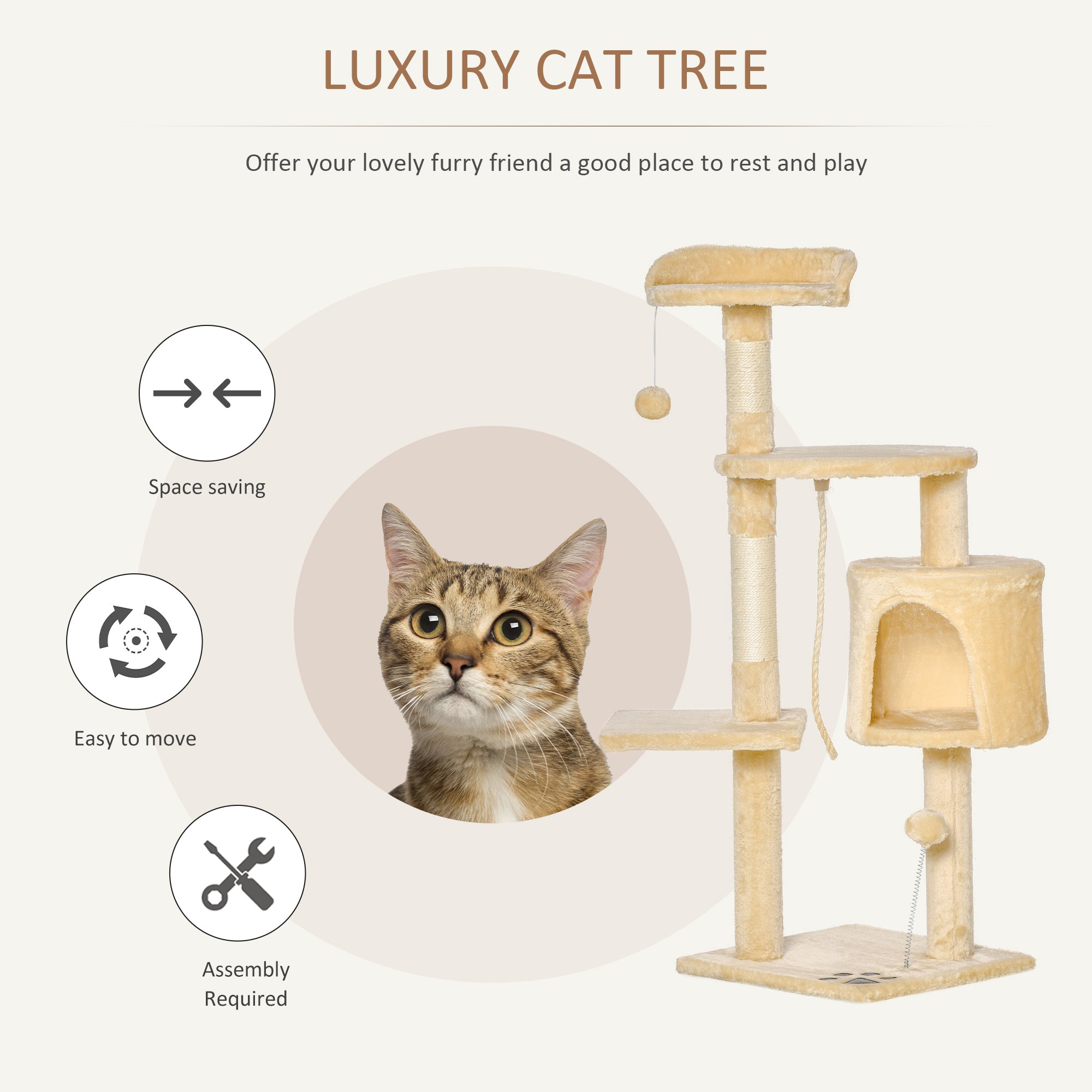 PawHut Cat Tree House, Multi-Level Activity Centre with Scratching Posts, 114 cm High, Beige