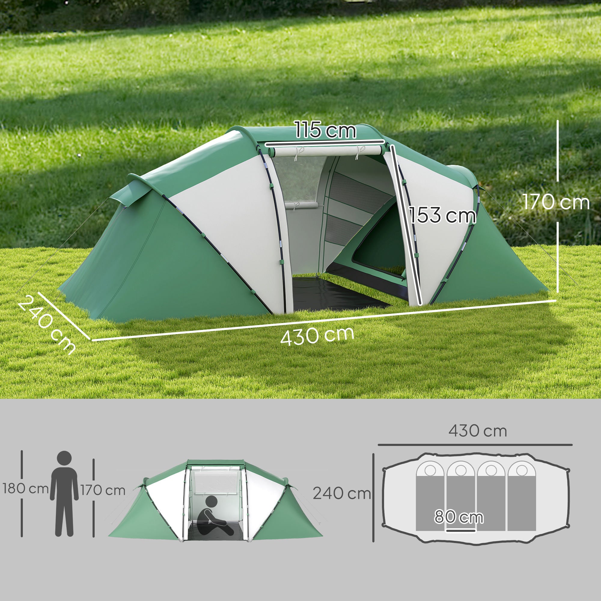 Outsunny 4-6 Man UV Protection Camping Tent - Green and White - North Peak Garden Furniture