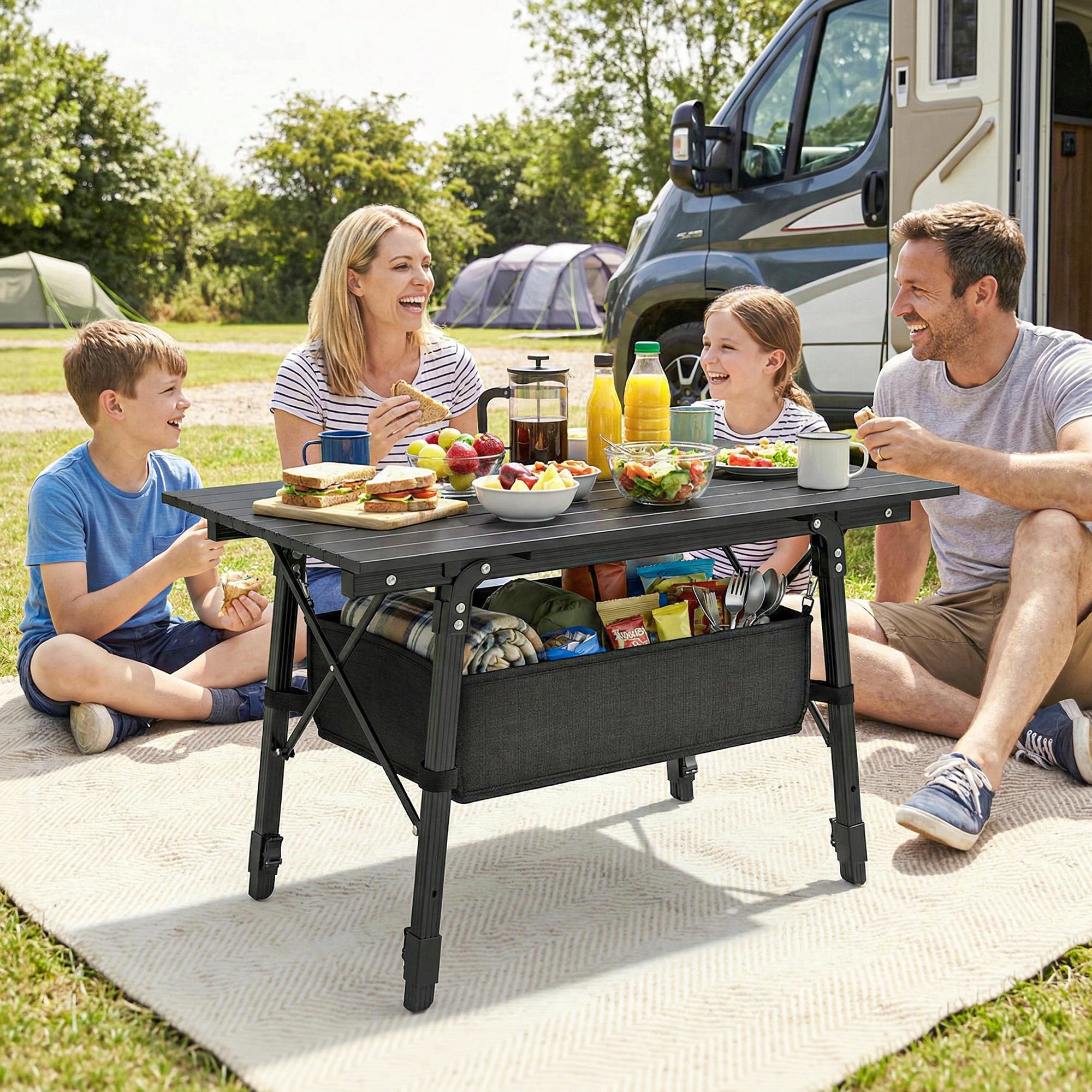 Outsunny Folding Camping Table, 90 x 55 cm Height Adjustable Portable Collapsible Table, 3ft Lightweight Aluminium Rollup Picnic Table with Storage Basket for Outdoor Garden Party BBQ, Black