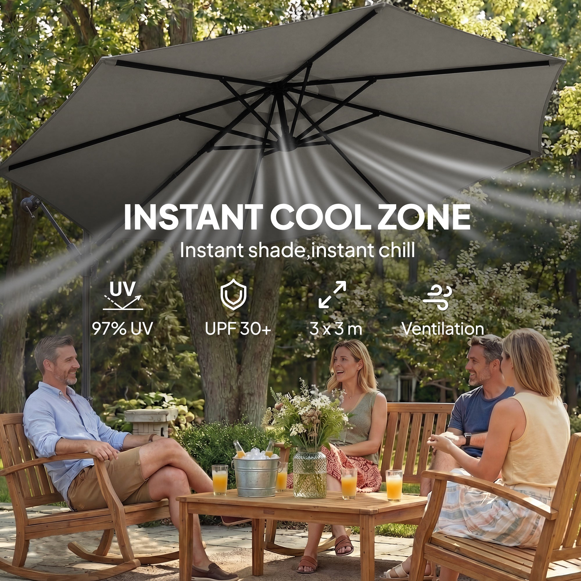 Outsunny 3 m Garden Cantilever Parasol with Cross Base, Sandbag, 360° Rotating Overhanging Banana Umbrella, Grey