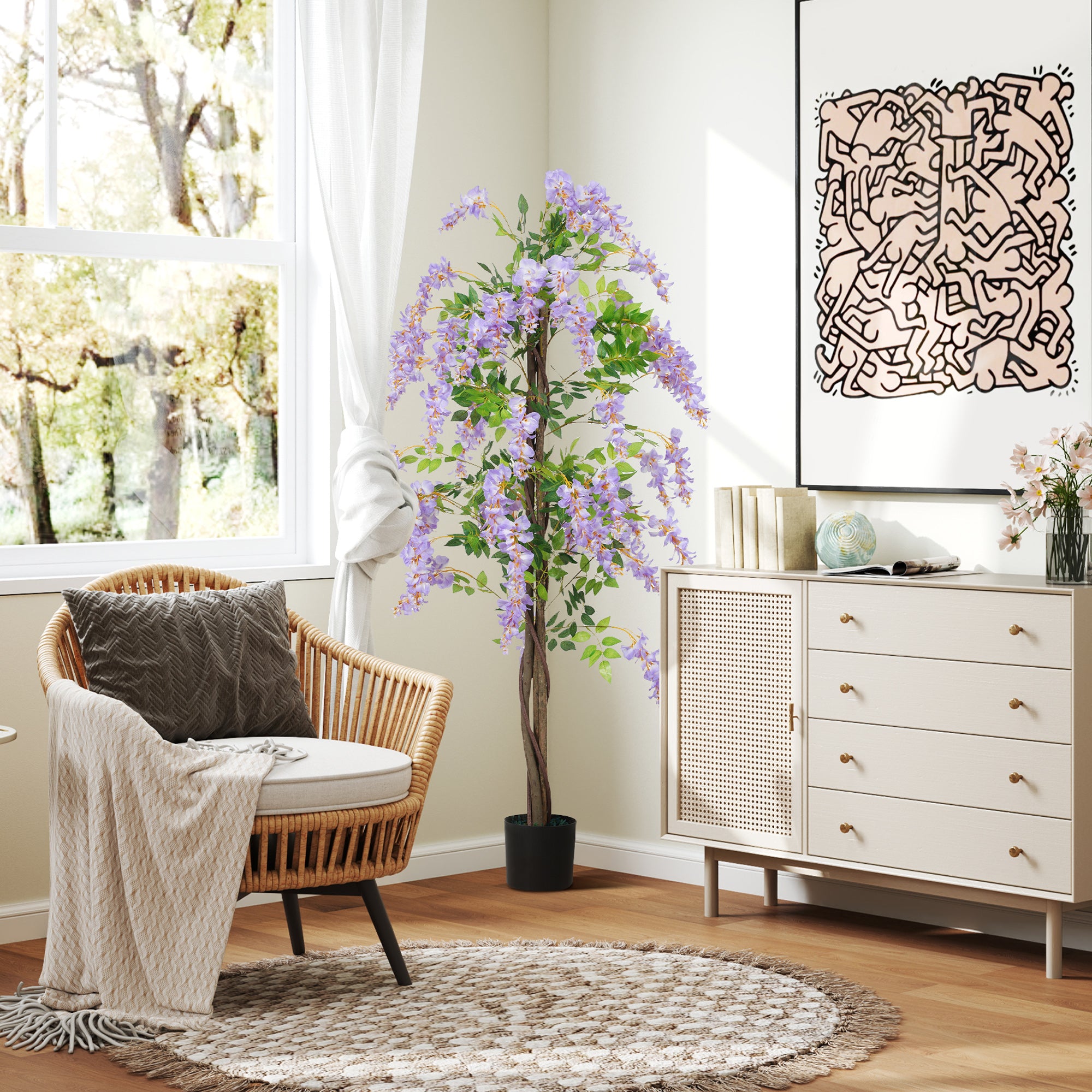 HOMCOM Artificial Wisteria Flower, Tall Fake Plant with 756 Leaves and 54 Flowers in Pot, Decorative Artificial Plant for Home Indoor Decor, 180 cm, Purple - North Peak Garden Furniture