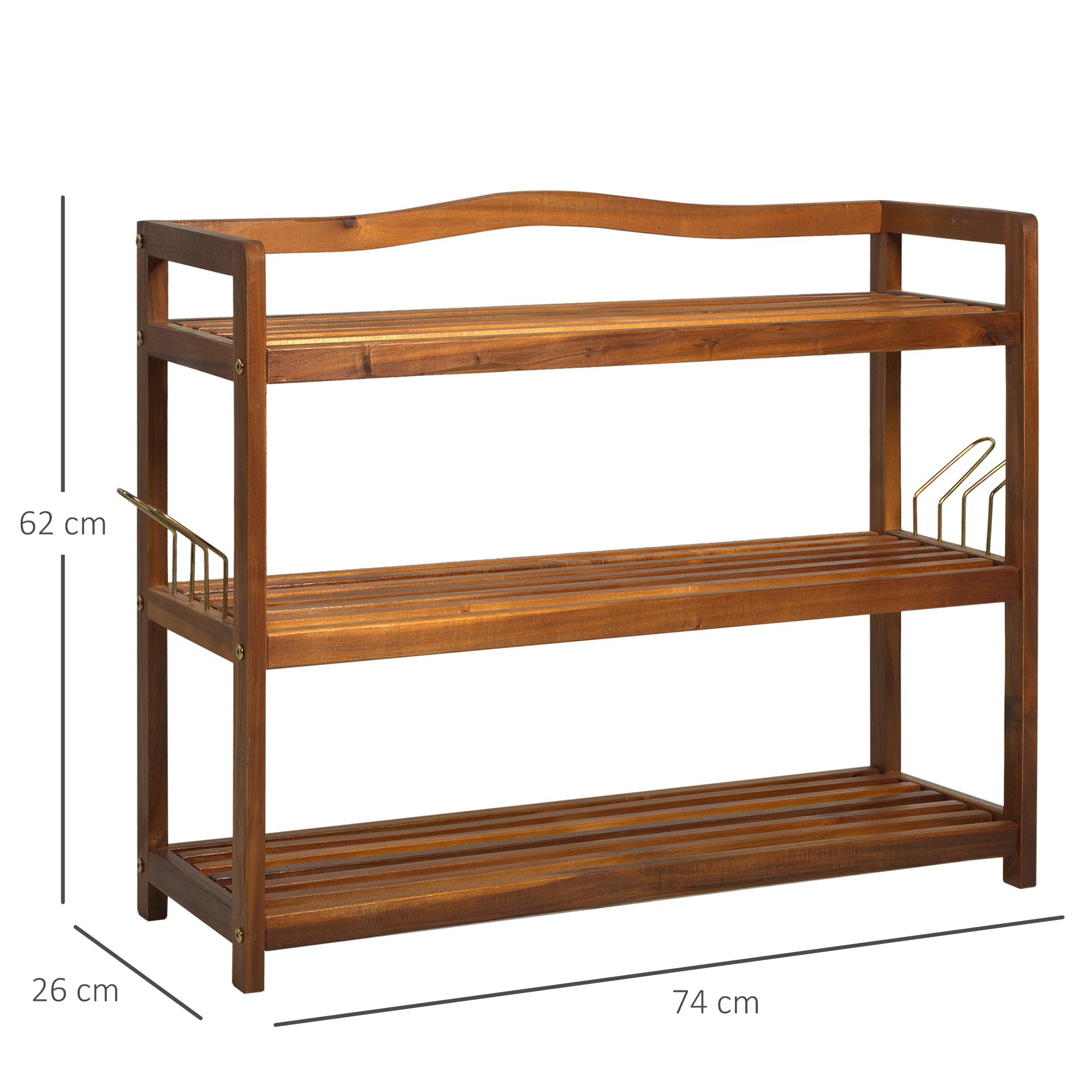 HOMCOM 3-Tier Shoe Rack, Acacia Wooden Shoe Storage Organiser with 2 Hangers, Holds up to 12 Pairs, for Entryway, Living Room, 74 x 26 x 62 cm, Teak - North Peak Garden Furniture