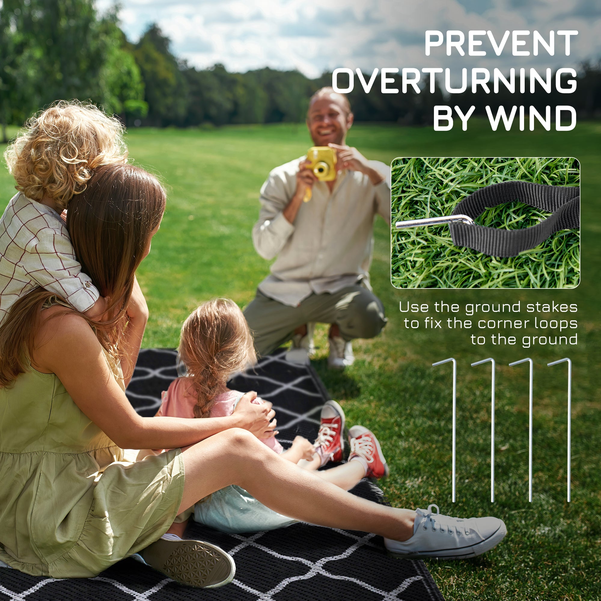 Outsunny Reversible Outdoor Rug, Plastic Straw Mat w/ Carry Bag Ground Stakes for Garden RV Picnic Beach Camping 182x274cm Black - North Peak Garden Furniture