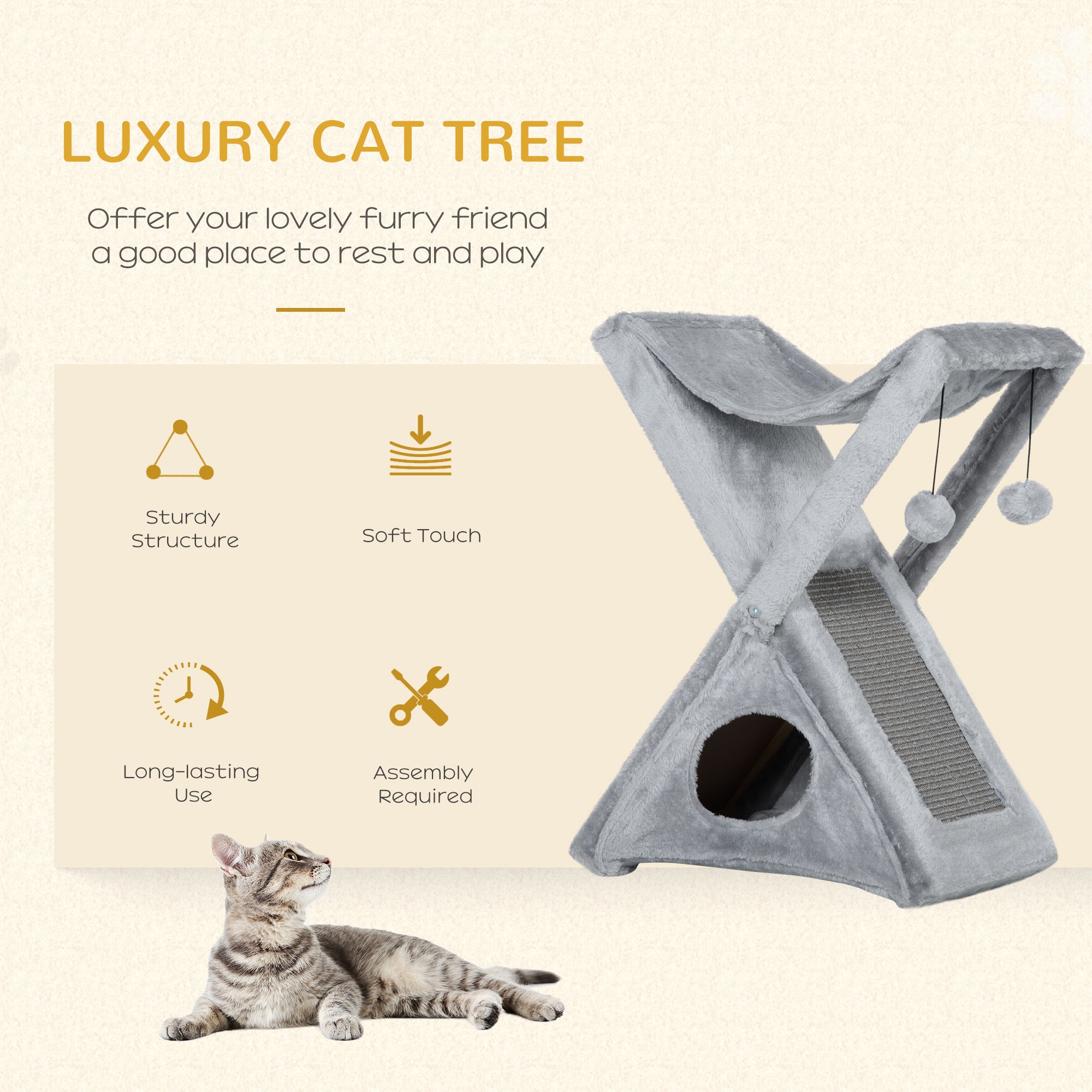 PawHut Compact Cat Activity Tree: 2-Level Kitten Centre with Scratching Post, 50L x 32W x 65H cm, Grey