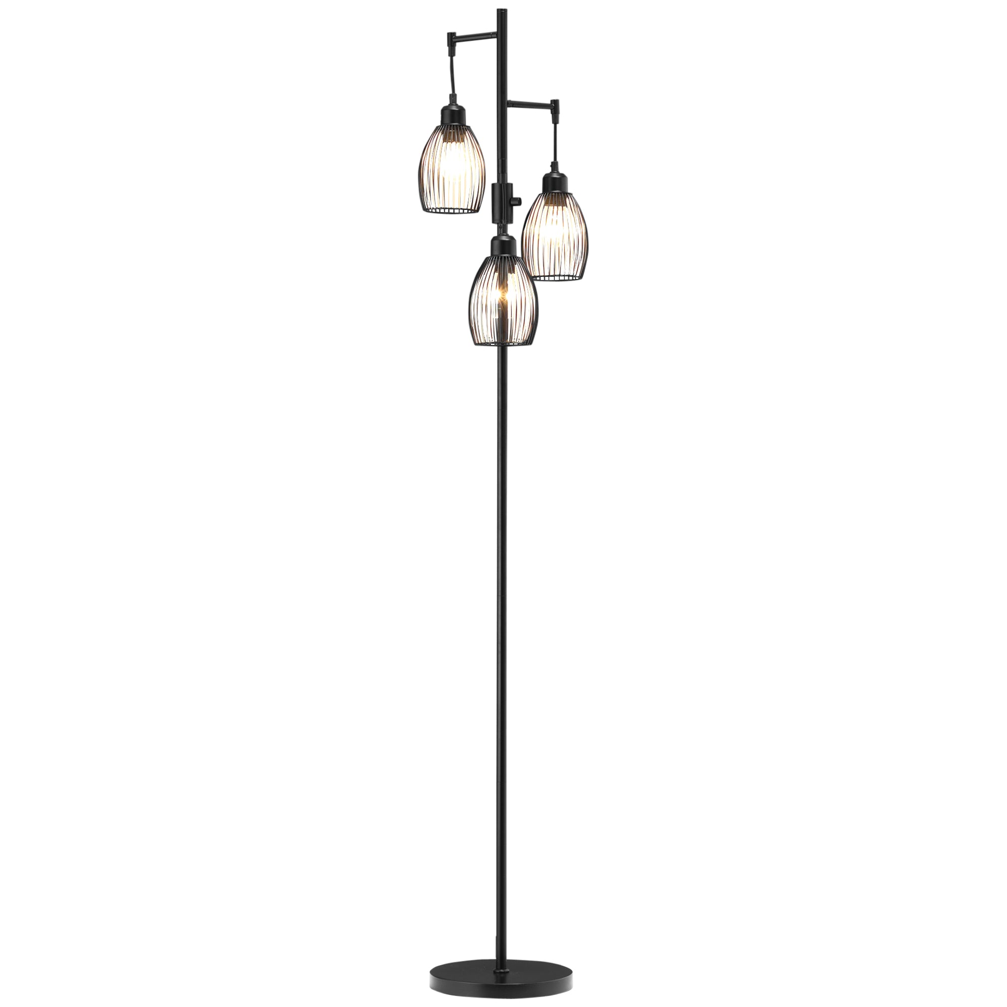HOMCOM 170cm Industrial 3-Light Floor Lamp, Dimmable Standing Lamp with Steel Lampshades for Living Room, Bedroom, Dinging Room, Study, Black - North Peak Garden Furniture