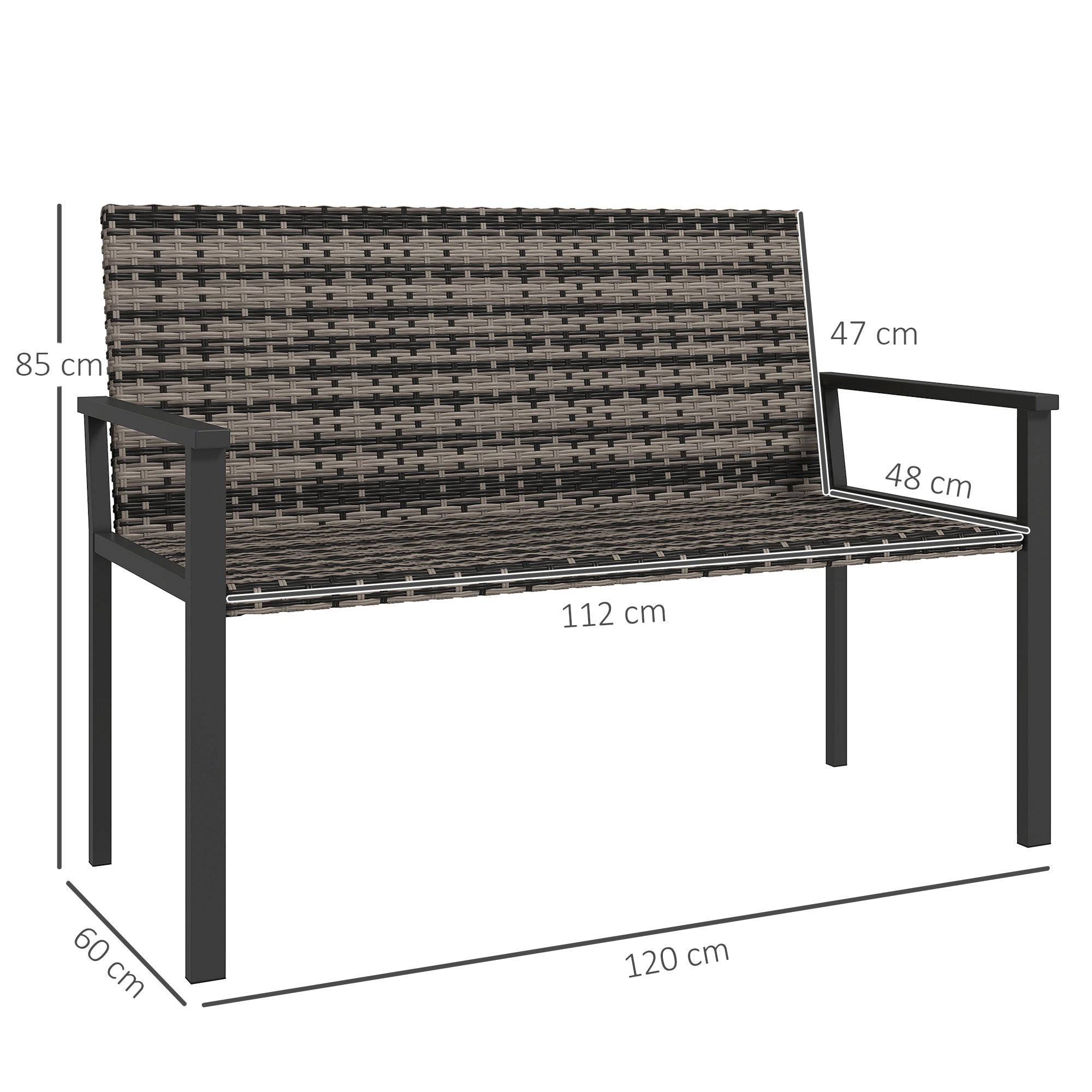 Outsunny 2 Seater Rattan Garden Bench, Outdoor Bench with Quick-Drying Cotton Padding, Wicker Garden Loveseat with Armrests, Steel Frame for Patio, Park, Mixed Grey - North Peak Garden Furniture