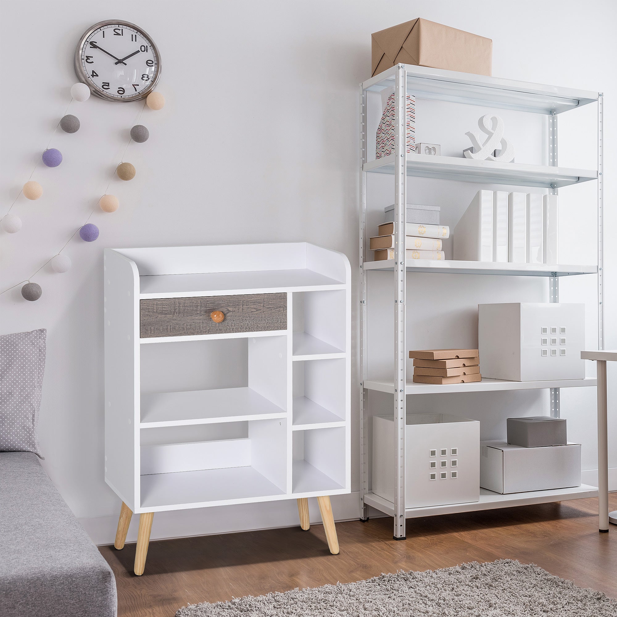 HOMCOM Multi-Shelf Modern Bookcase Freestanding Storage w/ Drawer 6 Shelves Wood Legs Home Office Display Furniture Stylish White Grey - North Peak Garden Furniture