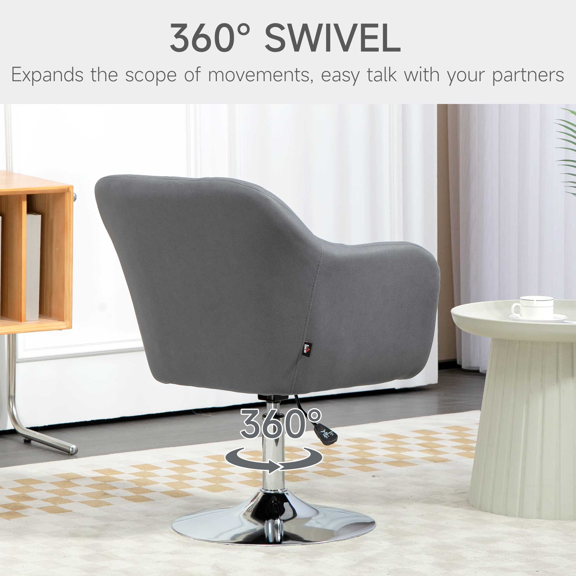 HOMCOM Swivel Microfibre Accent Chair for Living Room Contemporary Vanity Armchair with Adjustable Height Thick Cushion Lumbar Support Armrest for Bedroom Office Dark Grey - North Peak Garden Furniture