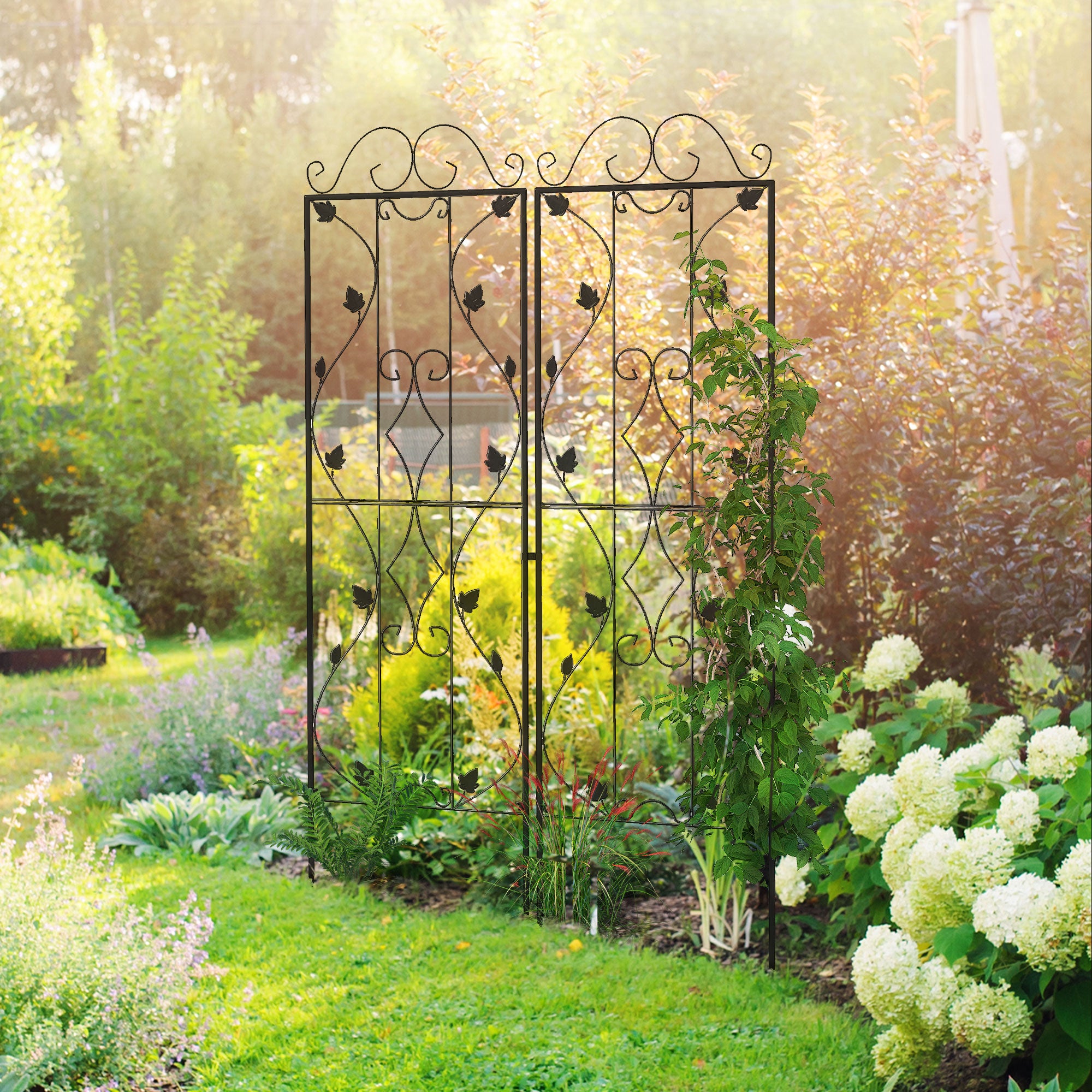 Outsunny Metal Trellis Set of 2, Garden Trellis for Climbing Plants Support Frames, Leaf Design - North Peak Garden Furniture