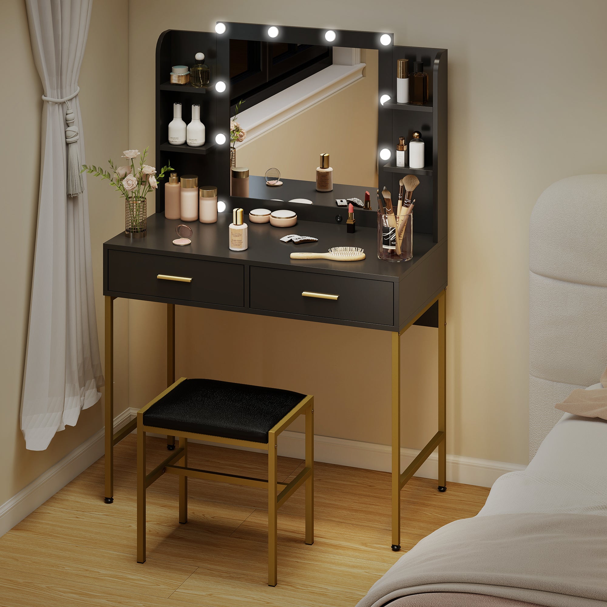 HOMCOM Dressing Table Set, with Storage and Stool - Black