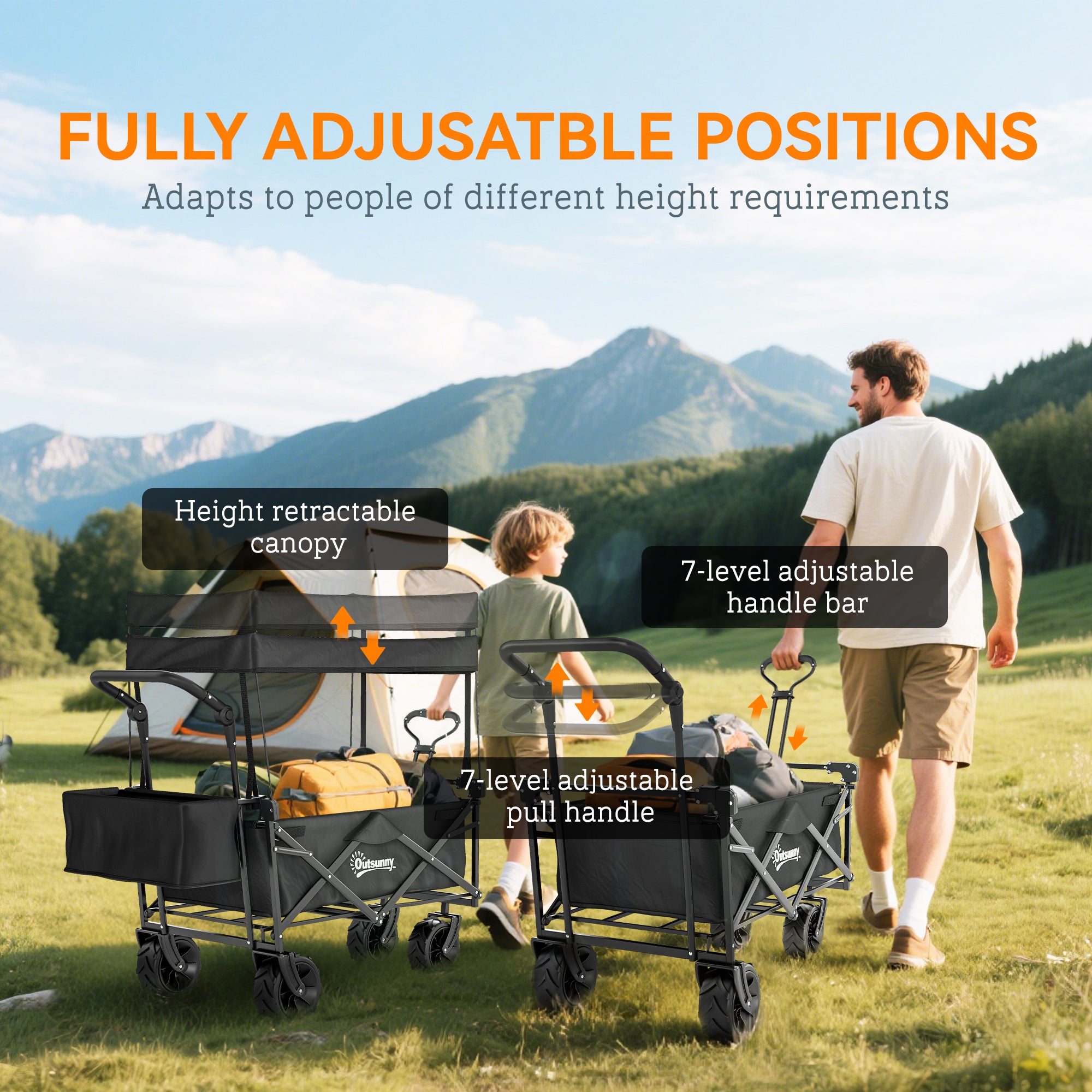 Outsunny Folding Trolley Cart Storage Wagon Beach Trailer 4 Wheels with Handle Overhead Canopy Cart Push Pull for Camping, Black - North Peak Garden Furniture
