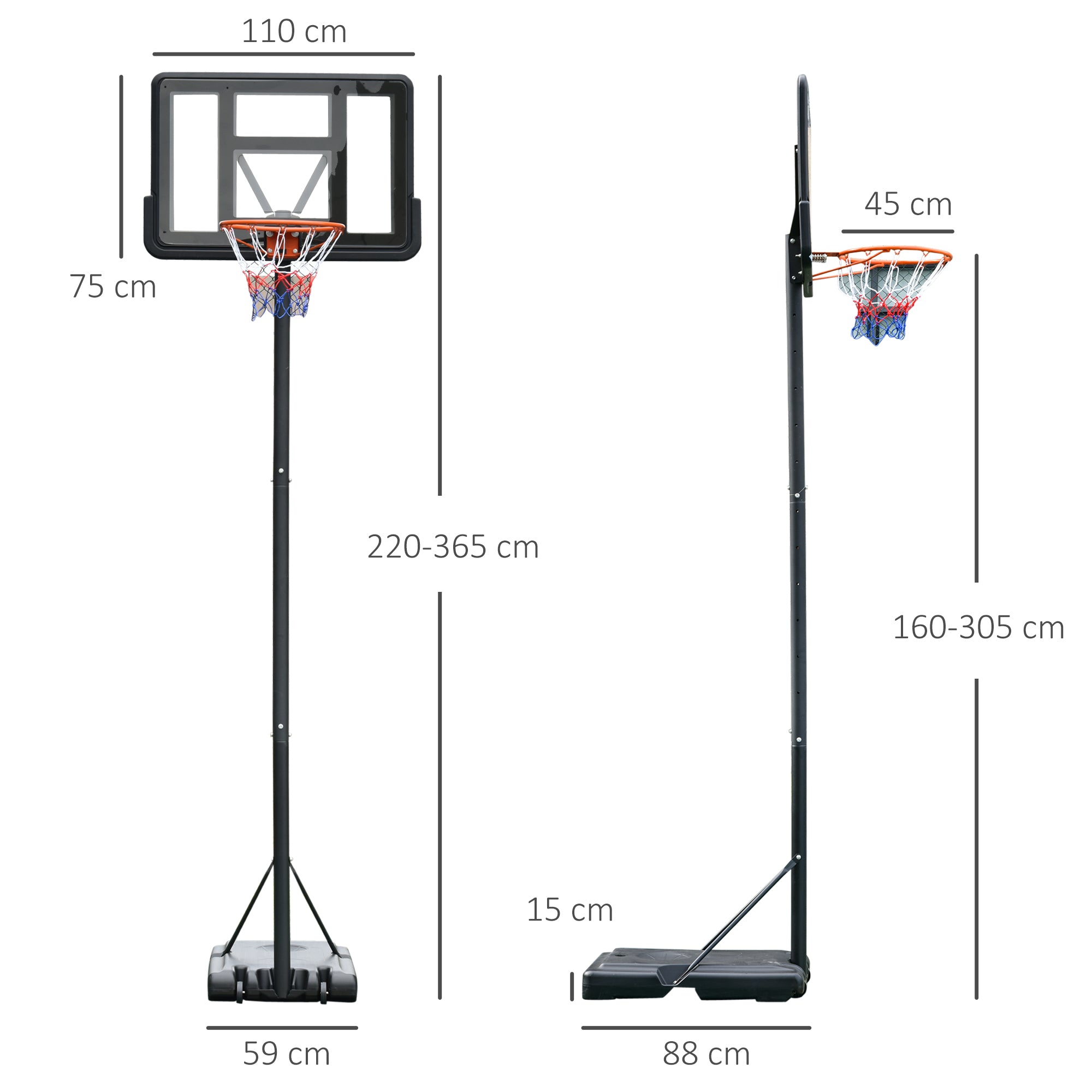 HOMCOM Portable Basketball Hoop Stand 231-305cm Height Adjustable w/ Moving Wheels