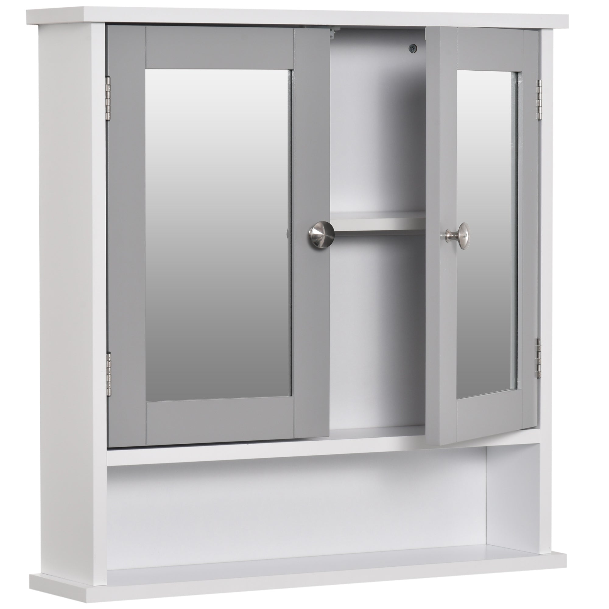 kleankin Mirror Cabinet Wall Mounted with Double Mirrored Doors, Hanging Cabinet with Cupboard and Shelf, Bathroom Wall Storage Organizer, Grey - North Peak Garden Furniture