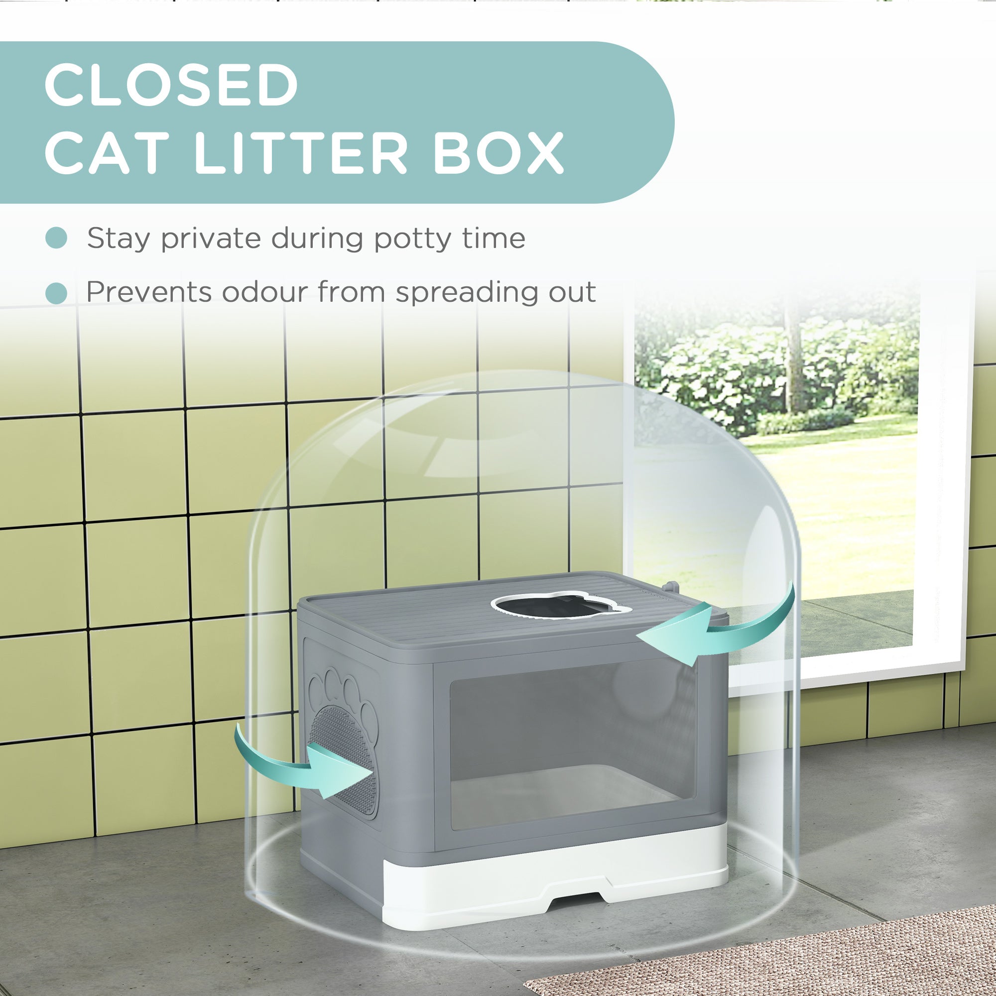 PawHut Enclosed Cat Litter Box with lid, Front Entry, Top Exit, Drawer, Tray, Scoop, Brush, 48.5 x 38 x 36.5cm - Grey