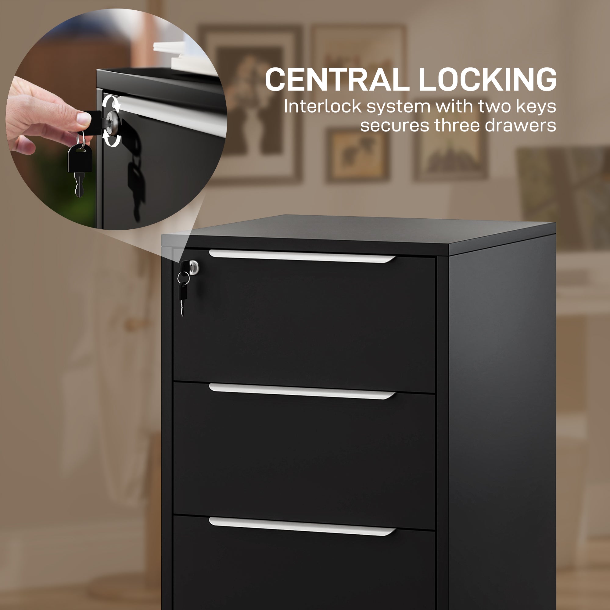 HOMCOM Three-Drawer Locking Filing Cabinet - Black - North Peak Garden Furniture