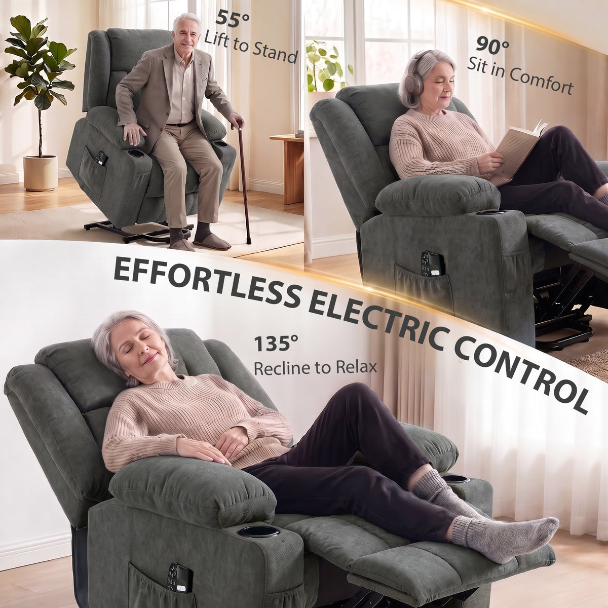 HOMCOM Dual Motor Recliner Chair, 55° Electric Lift Chair for Elderly, Recliner Armchair with Massage and Heat, Dark Grey