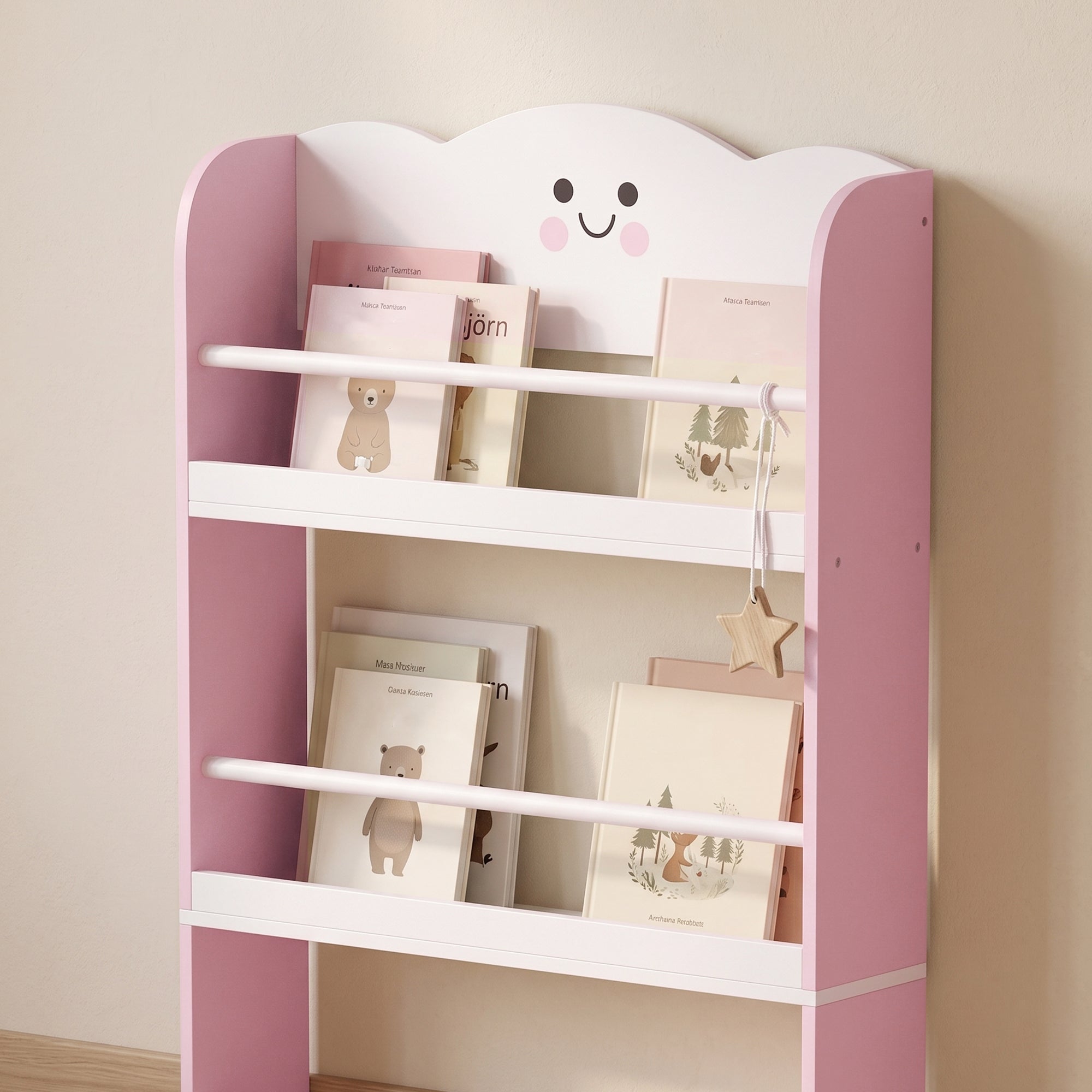 AIYAPLAY 4 Tier Kids Bookshelf, Children Bookcase with Anti-Tip Kit, Toddler Space-Saving Bookcase for Kids Room, Playroom, Pink