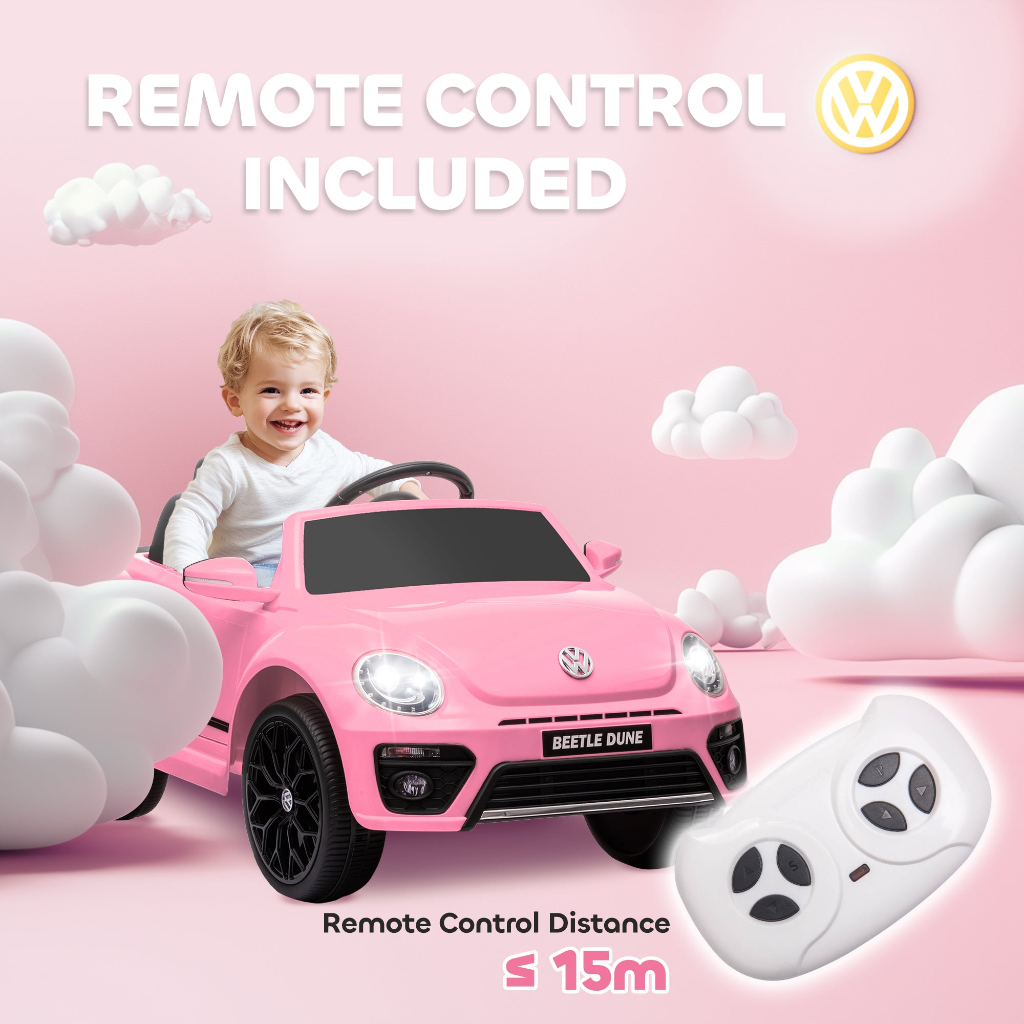 AIYAPLAY Volkswagen Beetle Licensed 12V Ride on Car w/ Remote Control, Suspension Wheels, Soft Start, Lights, Music, Pink - North Peak Garden Furniture