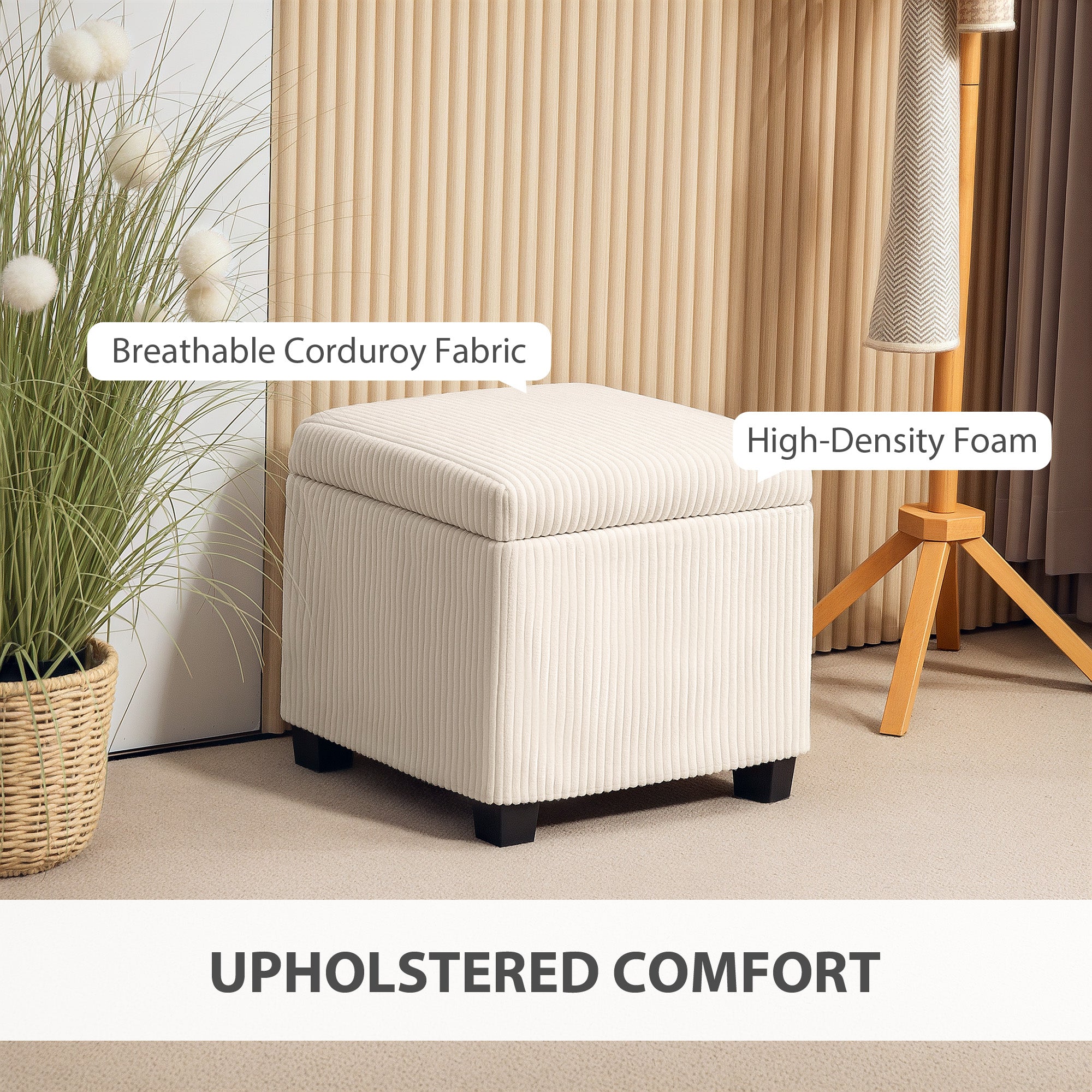 HOMCOM Storage Ottoman Bench, Corduroy Footstool with Removable Lid and Legs, 40cm Storage Chest Box for Living Room, Bedroom, Hallway, Beige - North Peak Garden Furniture