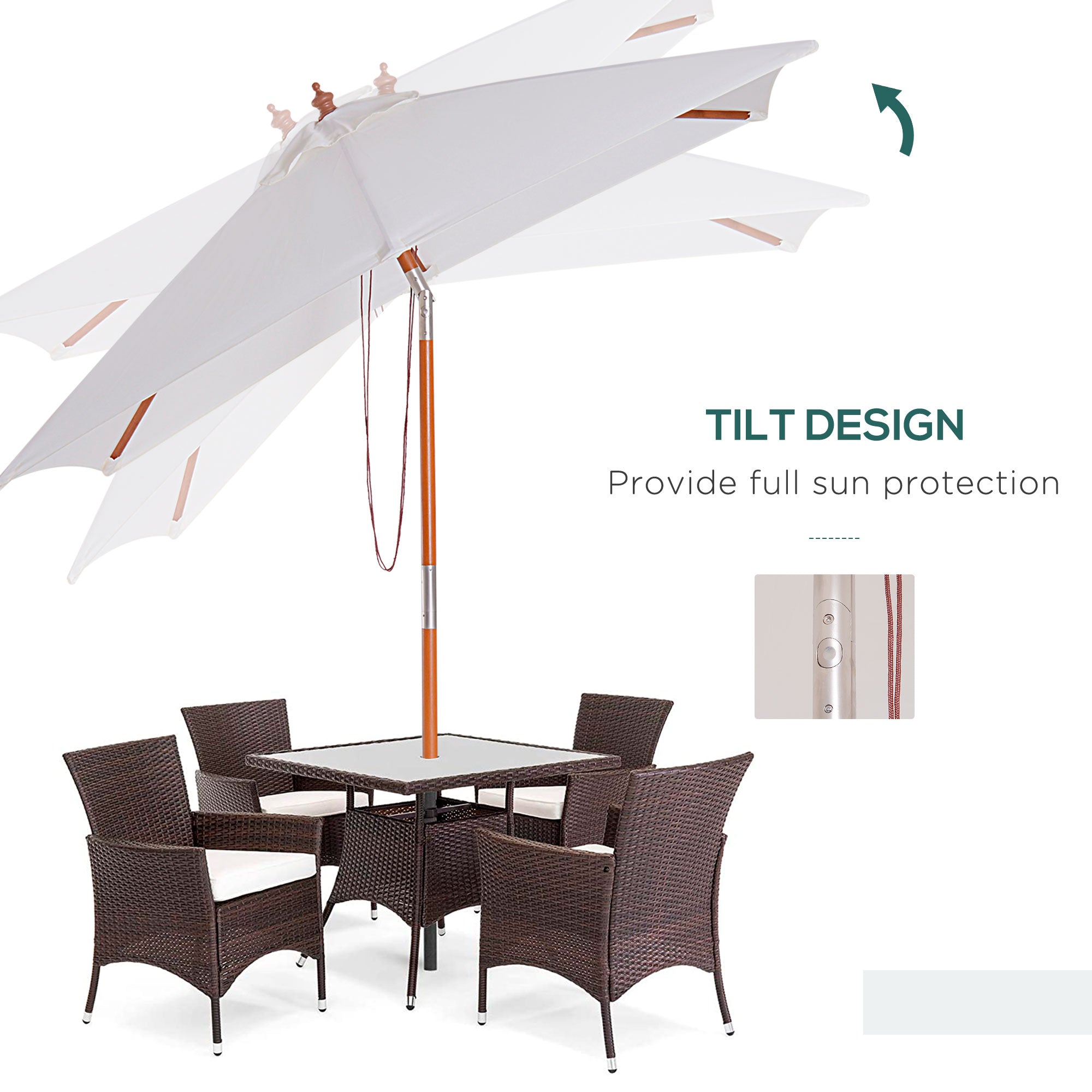 Outsunny 2m x 1.5m Garden Parasol Umbrella with Tilting Sunshade Canopy, Outdoor Market Table Umbrella with Wood and Bamboo Frame, Cream White - North Peak Garden Furniture
