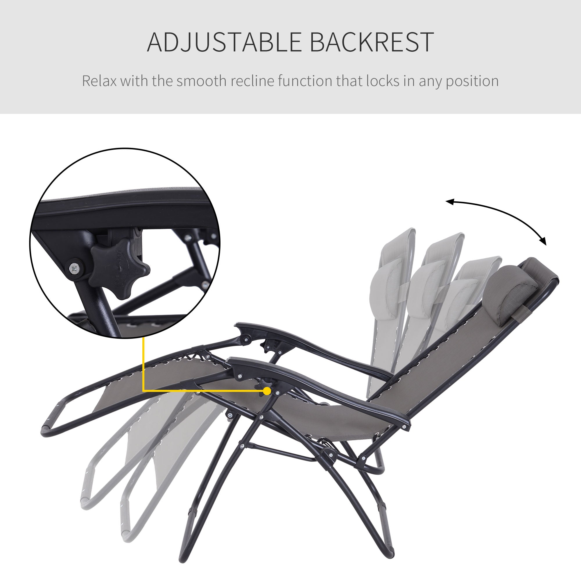 Outsunny Zero Gravity Chair Set of 2, Metal Frame Texteline Armchair Outdoor Folding and Reclining Sun Lounger with Head Pillow for Patio Decking Gardens Camping, Grey