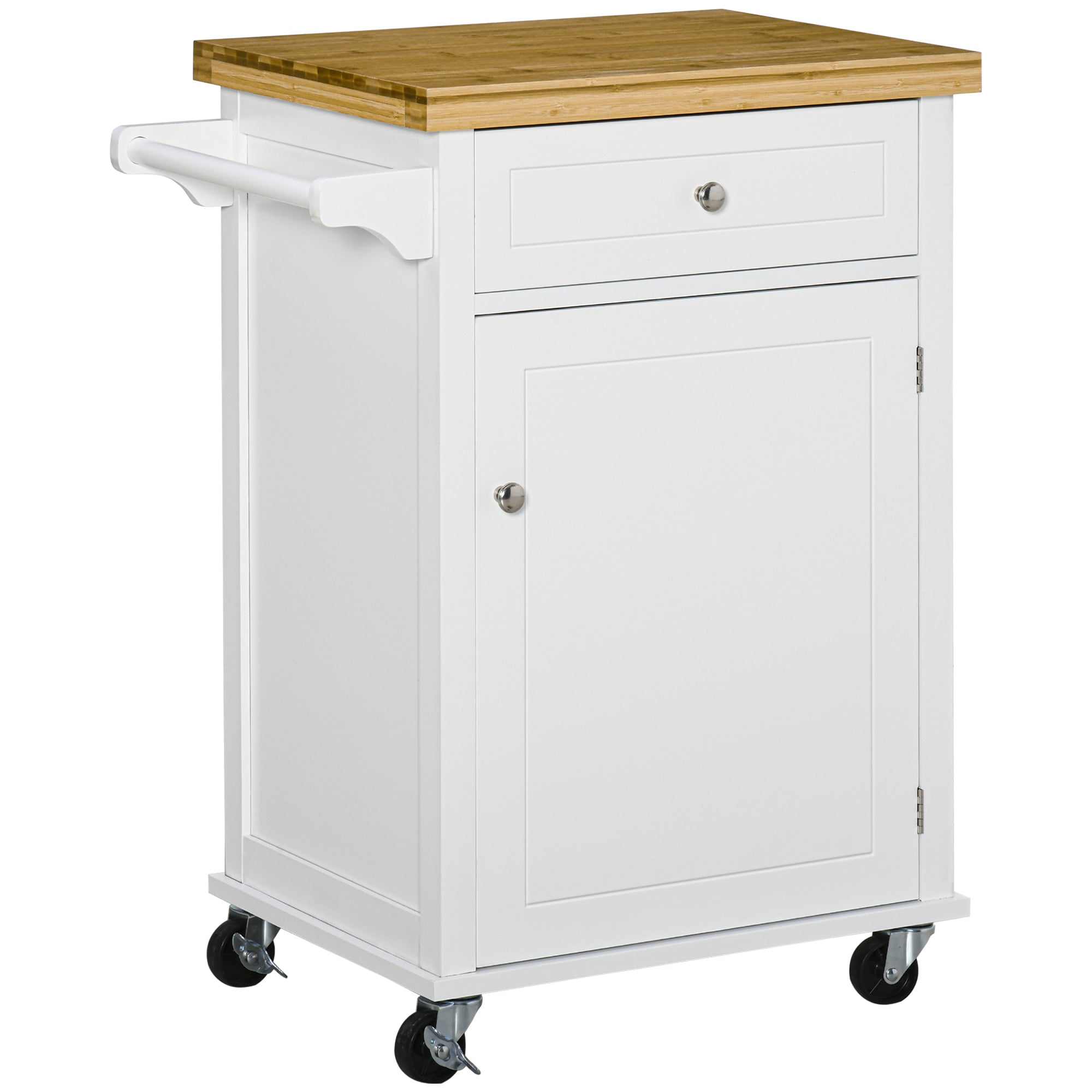 HOMCOM Kitchen Cart Storage Trolley Wooden Cabinet with Drawer Cupboard Towel Rail White - North Peak Garden Furniture