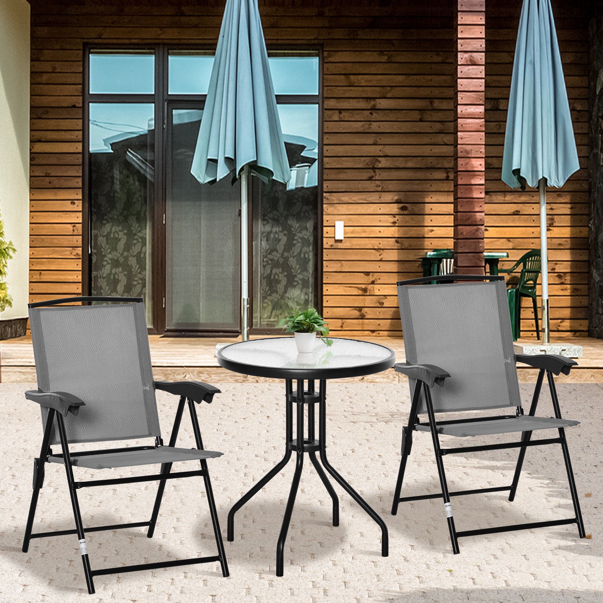 Outsunny 3 Piece Outdoor Bistro Set, Patio Conversation Furniture Set with 2 Folding Backrest Adjustable Armchairs and Glass Top Coffee Table, Grey - North Peak Garden Furniture