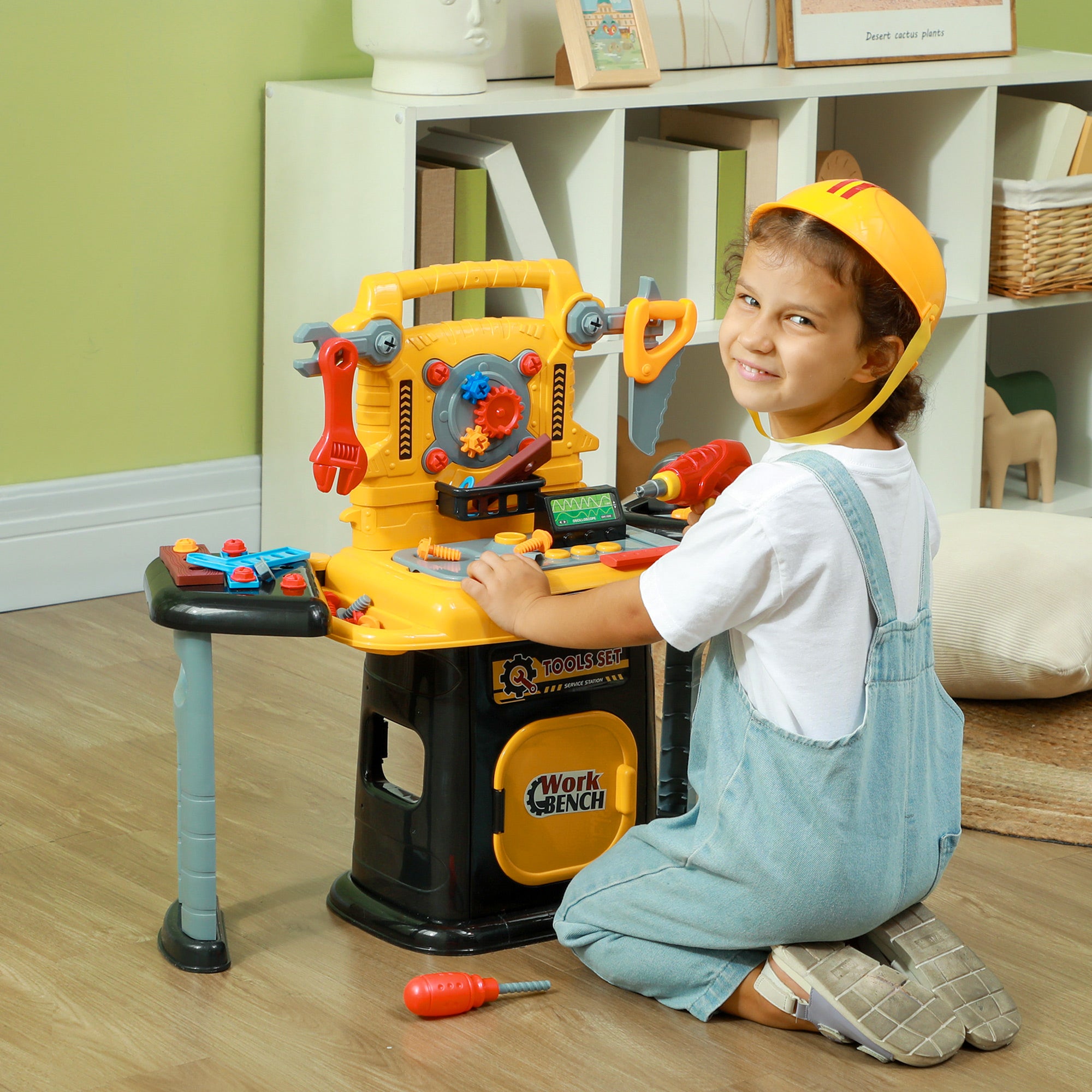AIYAPLAY 102-Piece Kids Tool Bench with Electric Drill, Storage for Ages 3-6 Years, Yellow - North Peak Garden Furniture