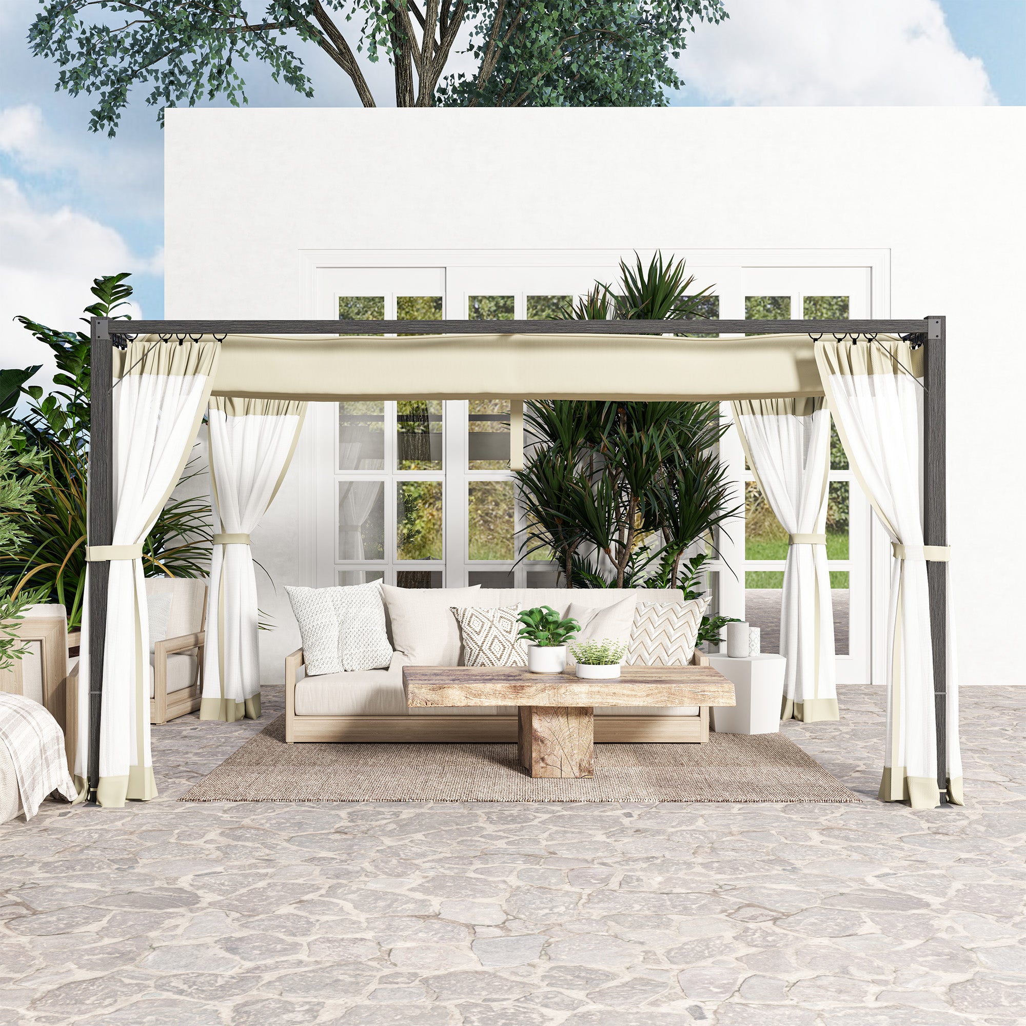 Outsunny 3 x 4m Aluminium Frame Pergola, with Retractable Roof - Khaki - North Peak Garden Furniture