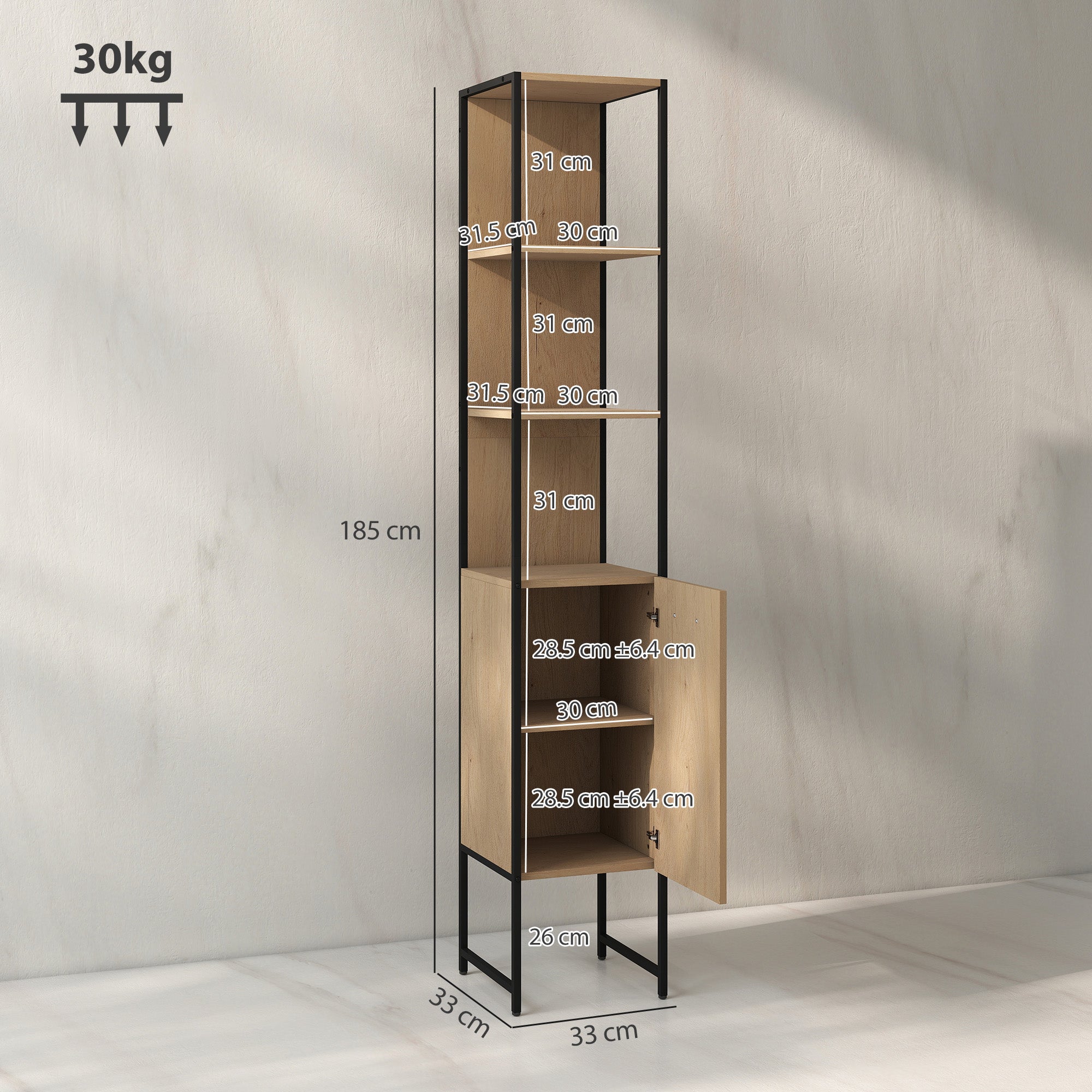 HOMCOM Tall Bathroom Cabinet with Open Shelves and Adjustable Shelf - Natural Wood Finish - North Peak Garden Furniture